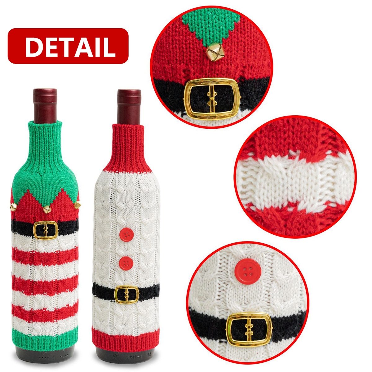 Zwei Flaschen in weihnachtlichen Strickpullovern mit Details wie Gürtel, Knöpfen und Glöckchen.