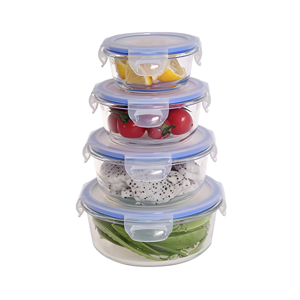Cuatro recipientes de vidrio redondos apilados con tapas azules, llenos de limones, tomates, pitaya y judías.
