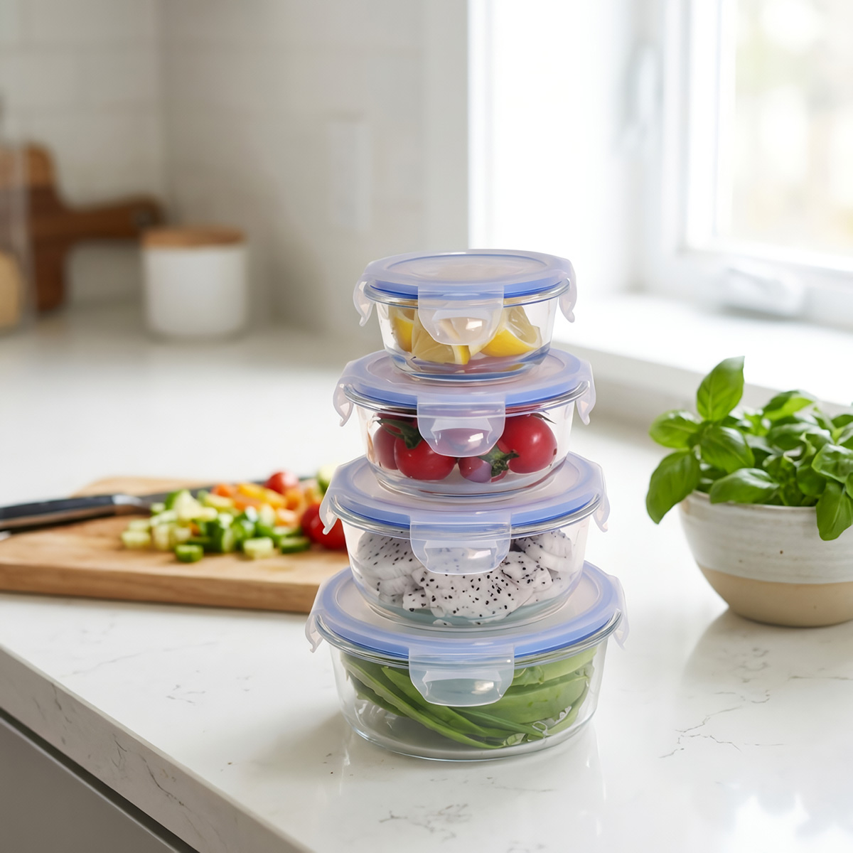 Una pila de cuatro recipientes redondos de vidrio para alimentos llenos de fruta y verdura.