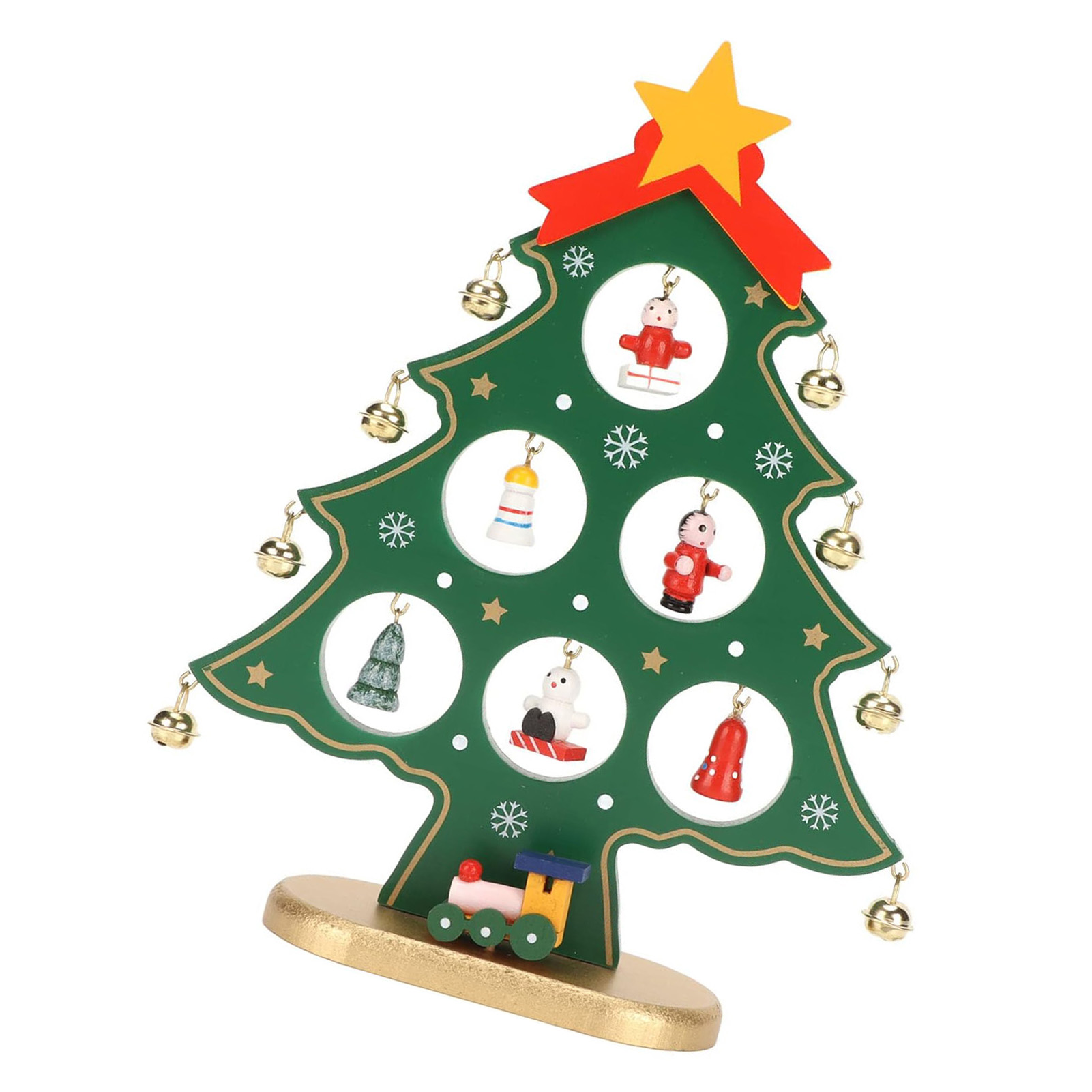 Eine grüne Weihnachtsbaum-Holzdekoration auf goldenem Sockel mit hängenden Figuren, Glocken und gelbem Stern.