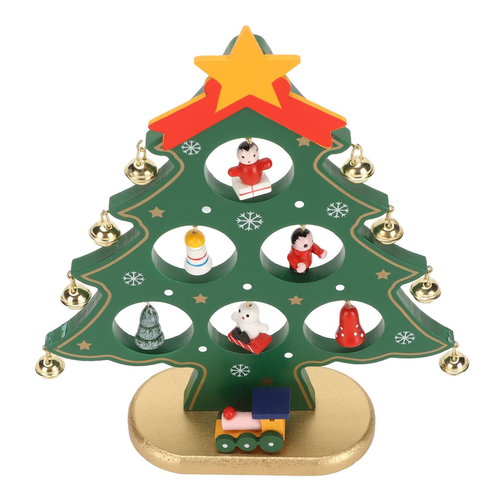 Holz-Weihnachtsbaum mit Stern, Glocken, Figuren und einer kleinen Eisenbahn auf goldenem Sockel.