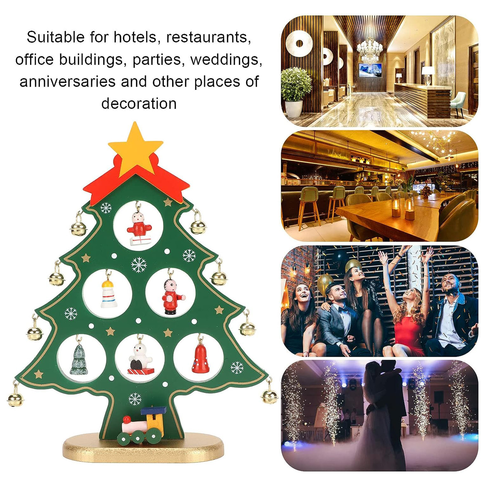 Eine hölzerne Tannenbaum-Tischdeko mit hängenden Ornamenten, umgeben von Szenen aus Hotels und Partys.
