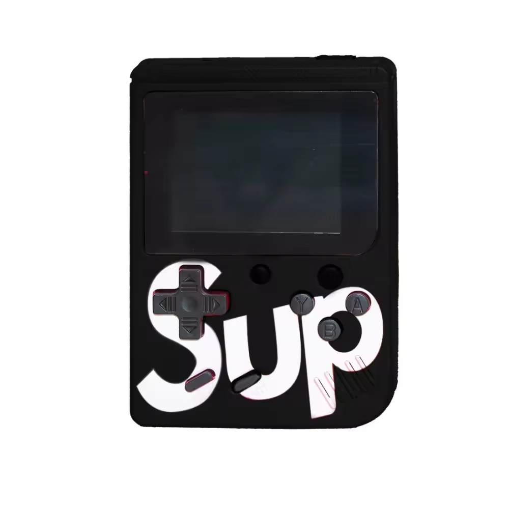 Consola de juegos portátil negra con texto blanco SUP, una cruceta, dos botones y una pantalla pequeña.