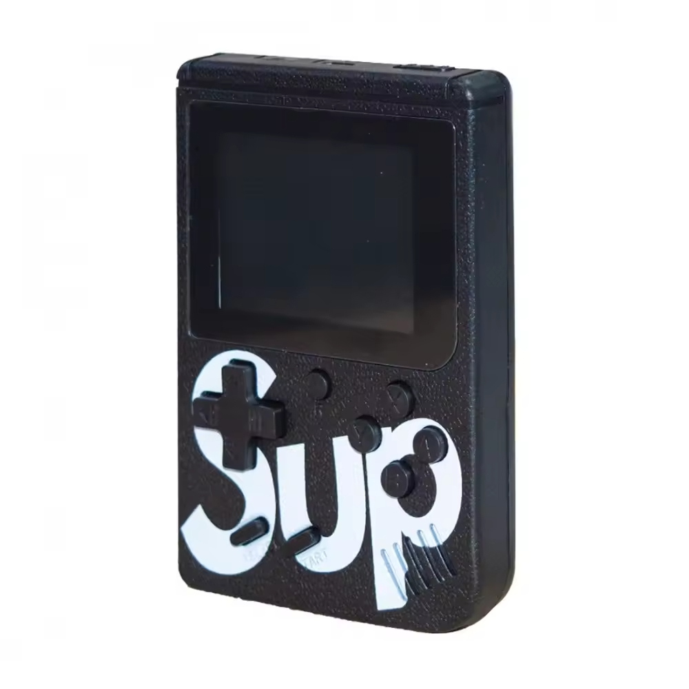 Consola de videojuegos portátil negra con letras blancas SUP, cruceta y botones de acción.