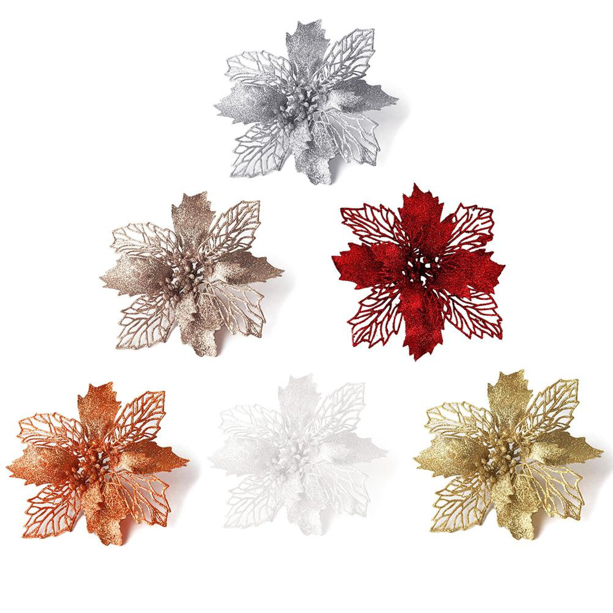 Sechs glitzernde Weihnachtsstern-Blumenornamente in Silber, Rot, Gold, Weiß, Kupfer und Bronze auf weißem Hintergrund.