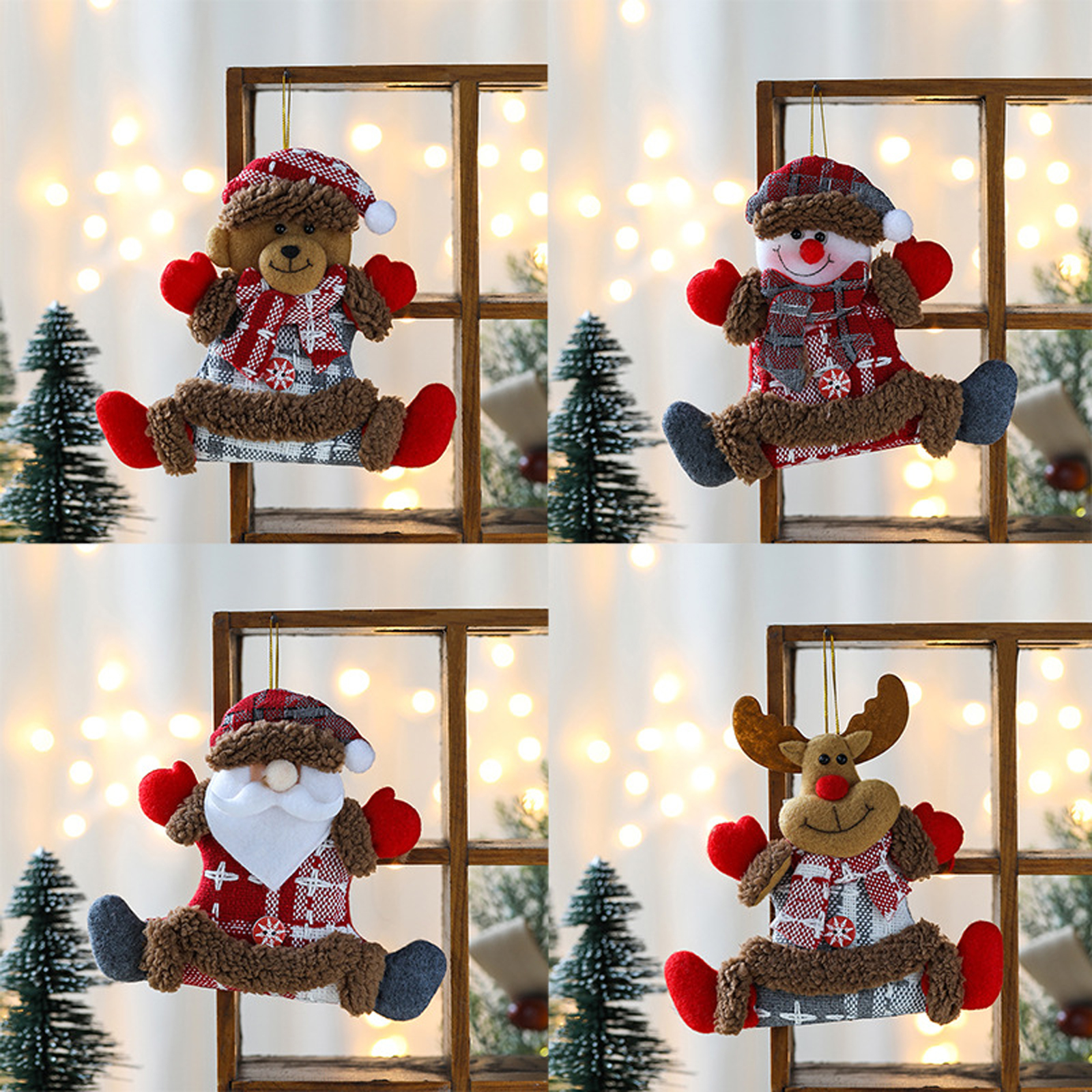 Vier Plüsch-Weihnachtsornamente, ein Bär, Schneemann, Weihnachtsmann und Rentier, vor einem warmen Hintergrund.