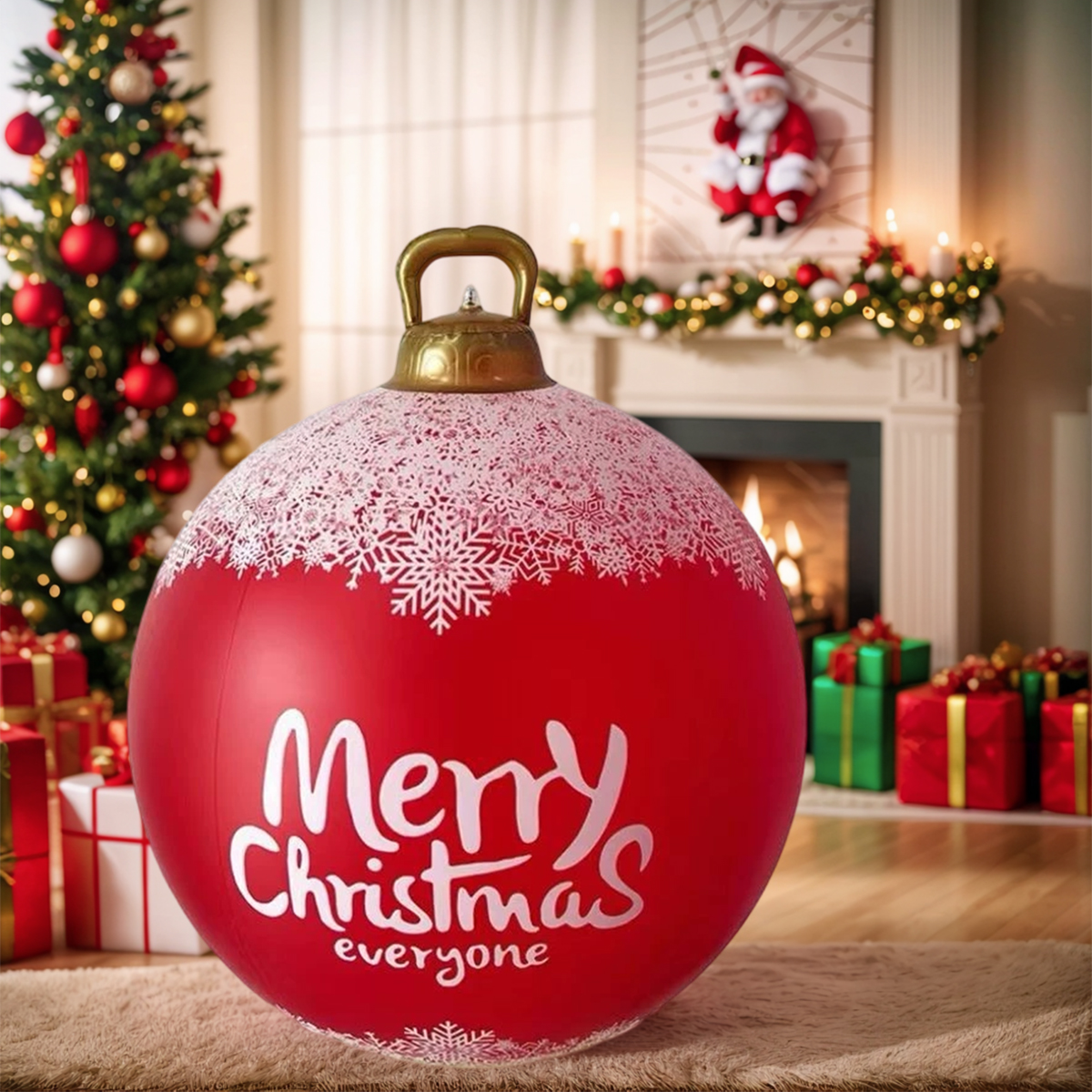 Eine große rote Weihnachtskugel mit der Aufschrift 'Merry Christmas everyone' in einem festlichen Wohnzimmer.
