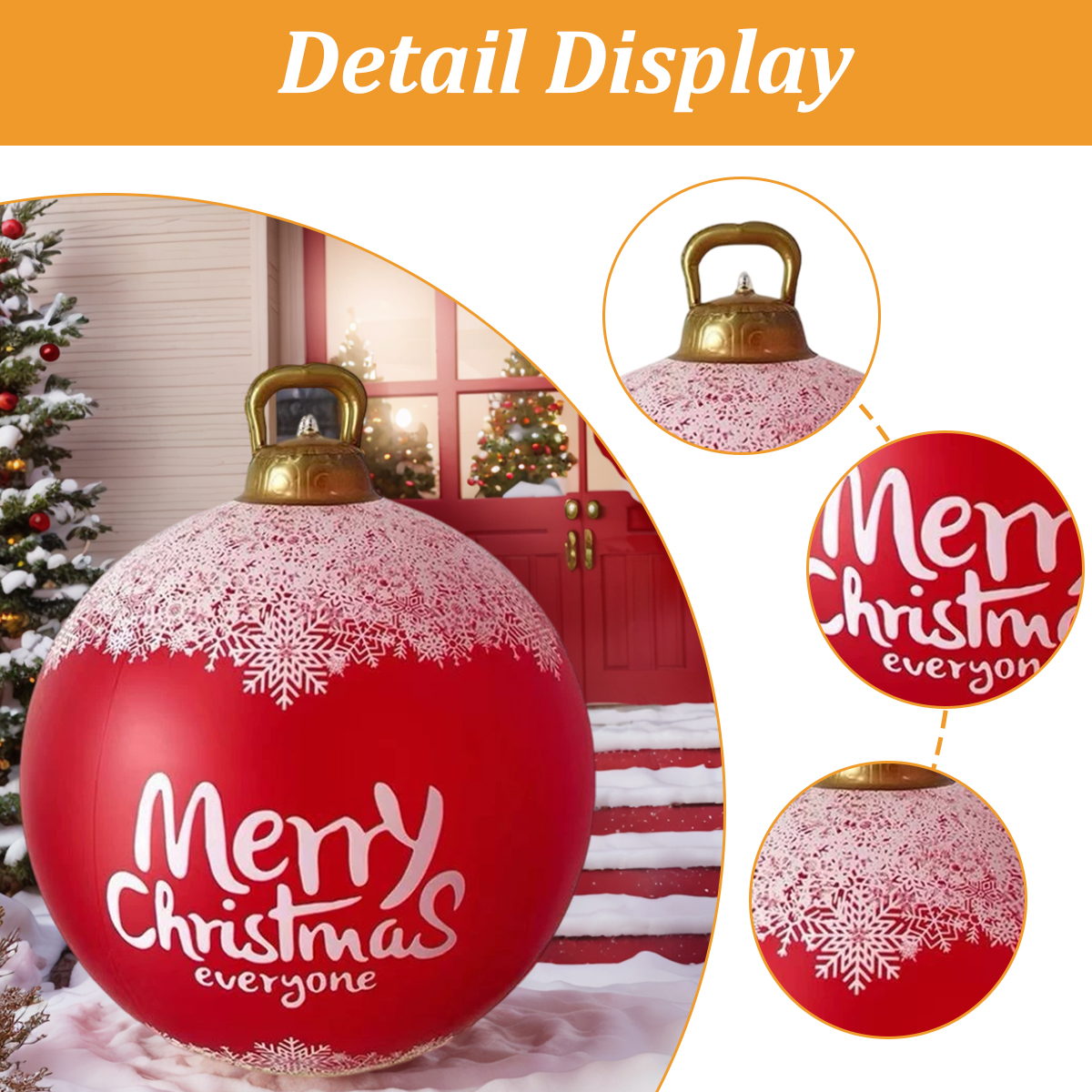 Große rote aufblasbare Weihnachtskugel mit weißen Schneeflocken und Text, inklusive drei Detailansichten.