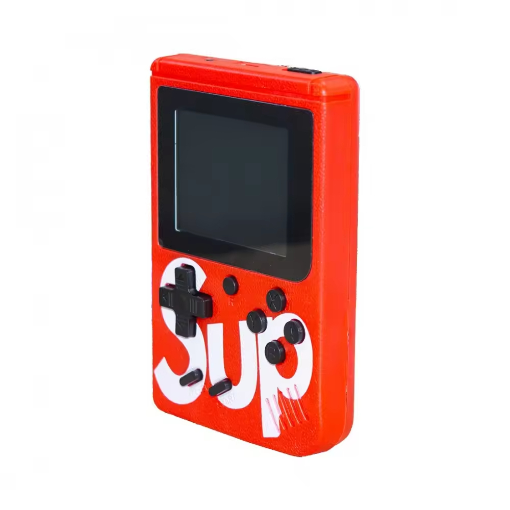 Una consola de videojuegos portátil roja con botones negros y la palabra Sup en blanco sobre fondo blanco.