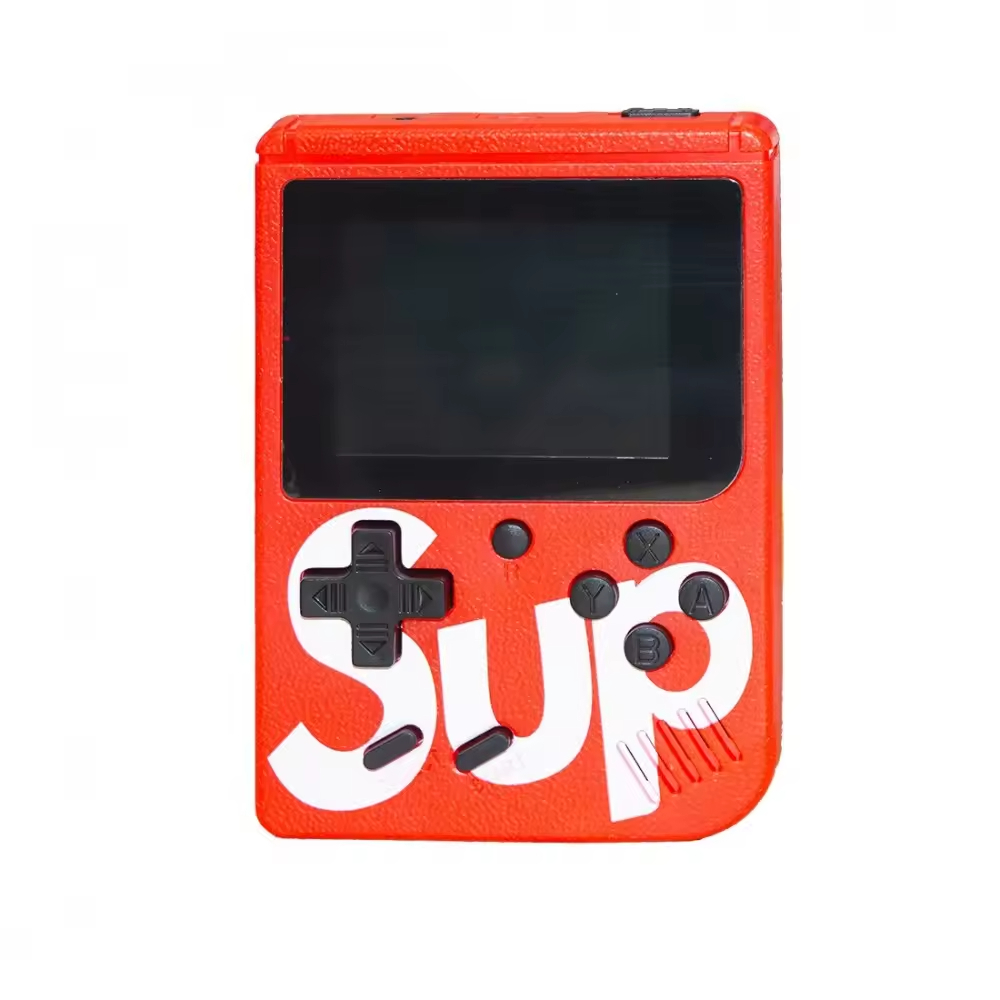 Una consola de juegos portátil retro roja con pantalla, cruz direccional y botones, con la palabra SUP.