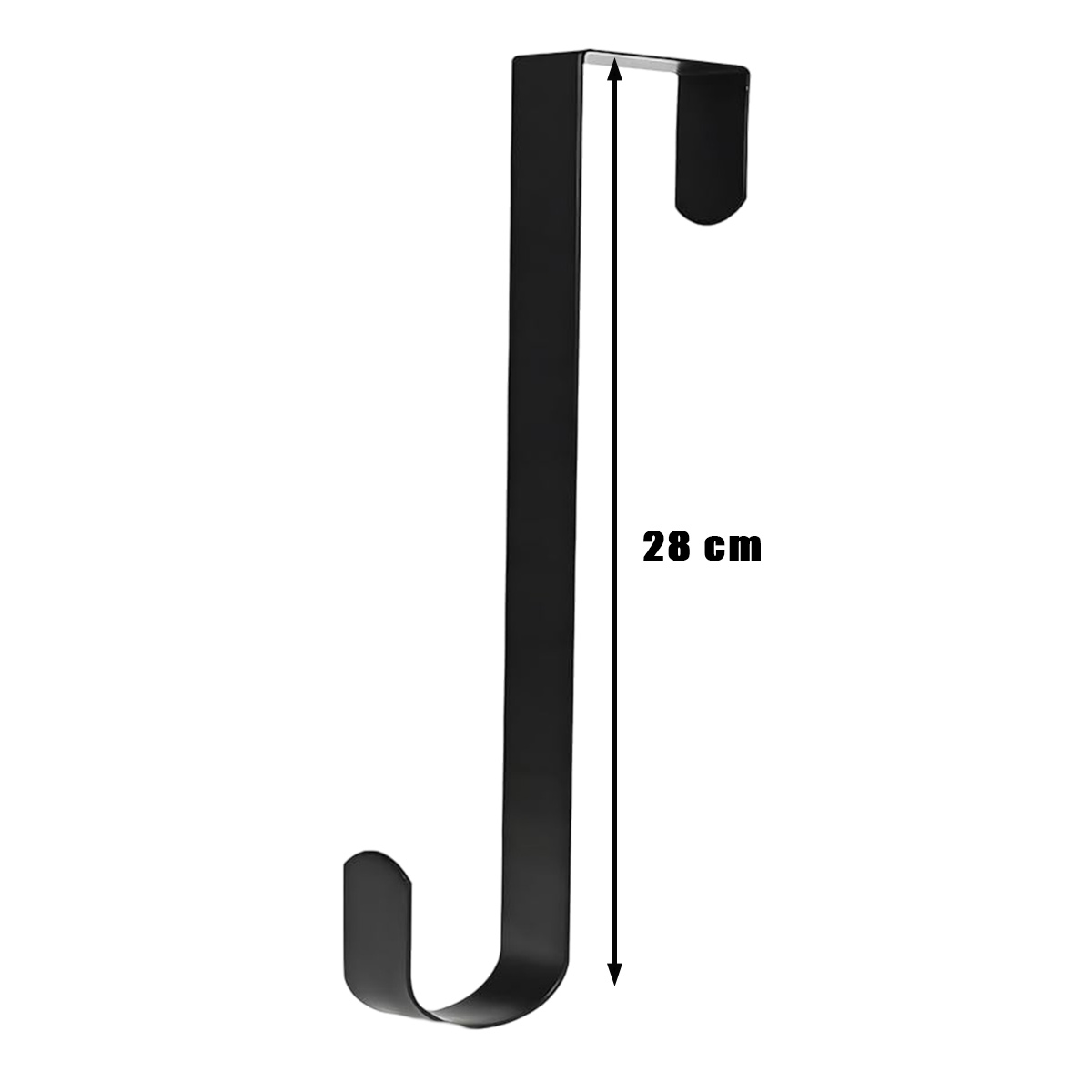 Ein schwarzer Türhaken mit einer Höhe von 28 cm vor weißem Hintergrund.