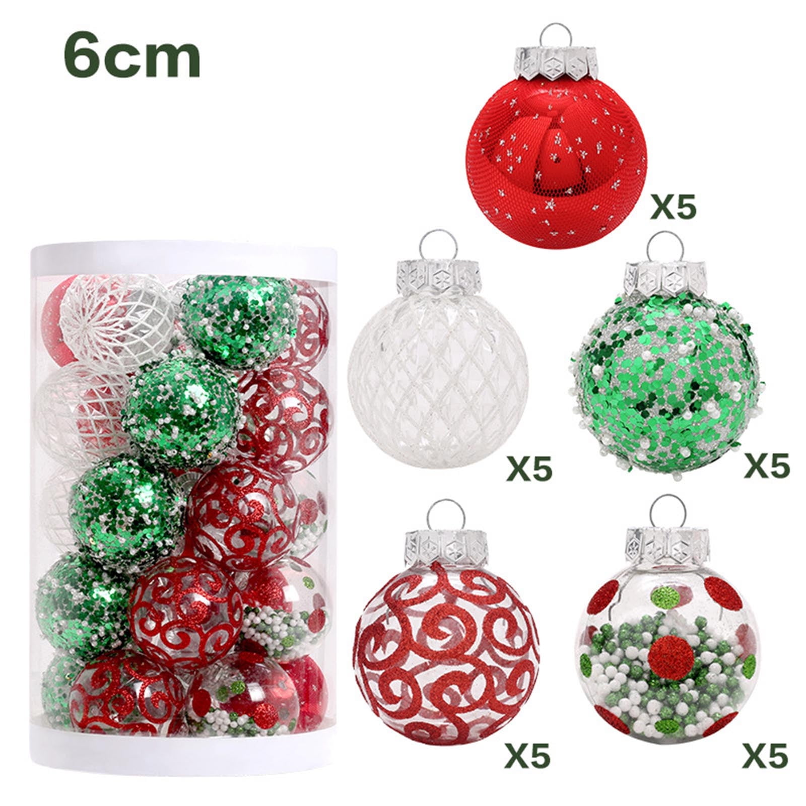 Ein Set aus fünf 6cm großen Weihnachtskugeln in Rot, Grün und transparenten Designs in einer Plastikröhre.