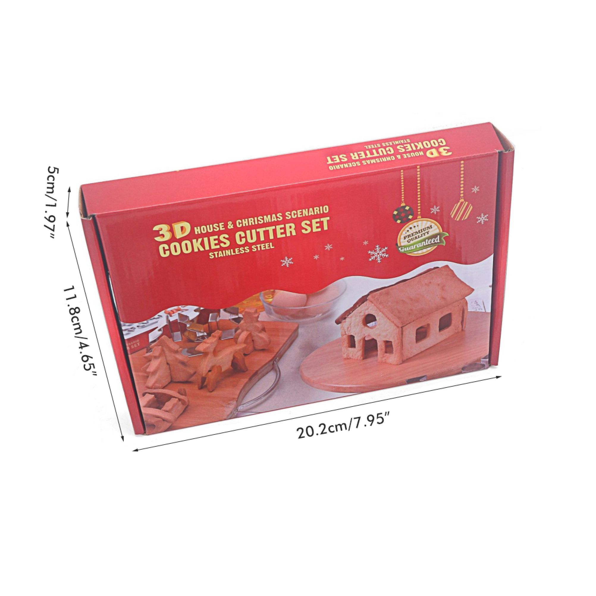 Rote Verpackung für ein 3D-Keksausstecher-Set mit Maßen und Bild eines Lebkuchenhauses.