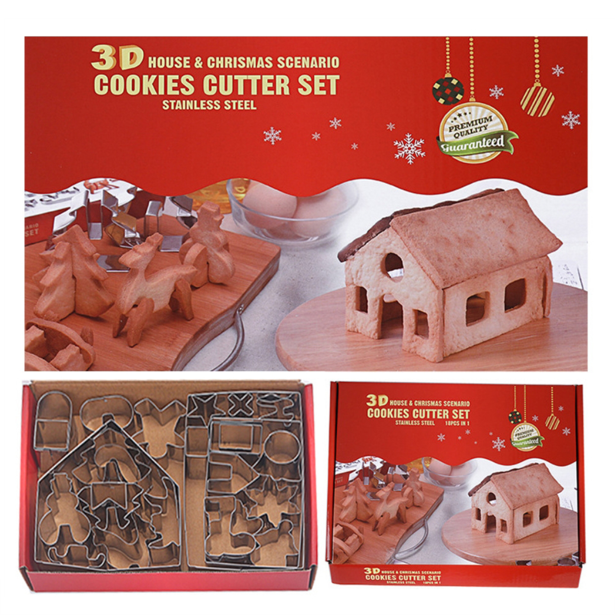 Ein 3D-Plätzchenausstecher-Set aus Edelstahl zur Herstellung eines Lebkuchenhauses mit Weihnachtsmotiven.