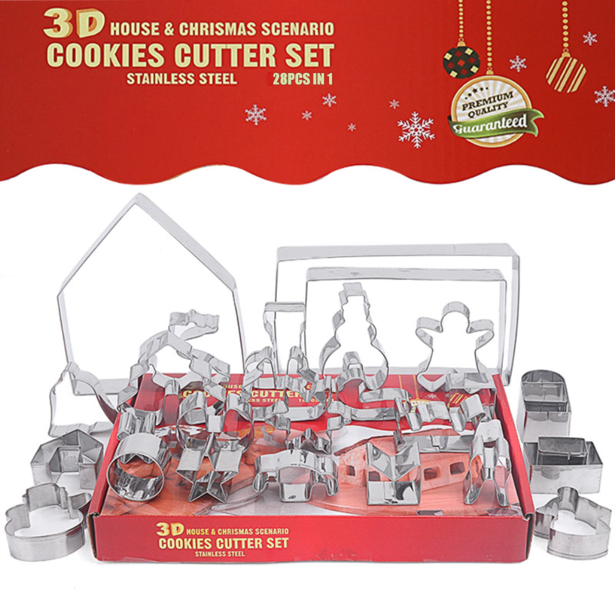 Ein Set aus 28 Edelstahl-Plätzchenformen für Weihnachten vor rotem Hintergrund.