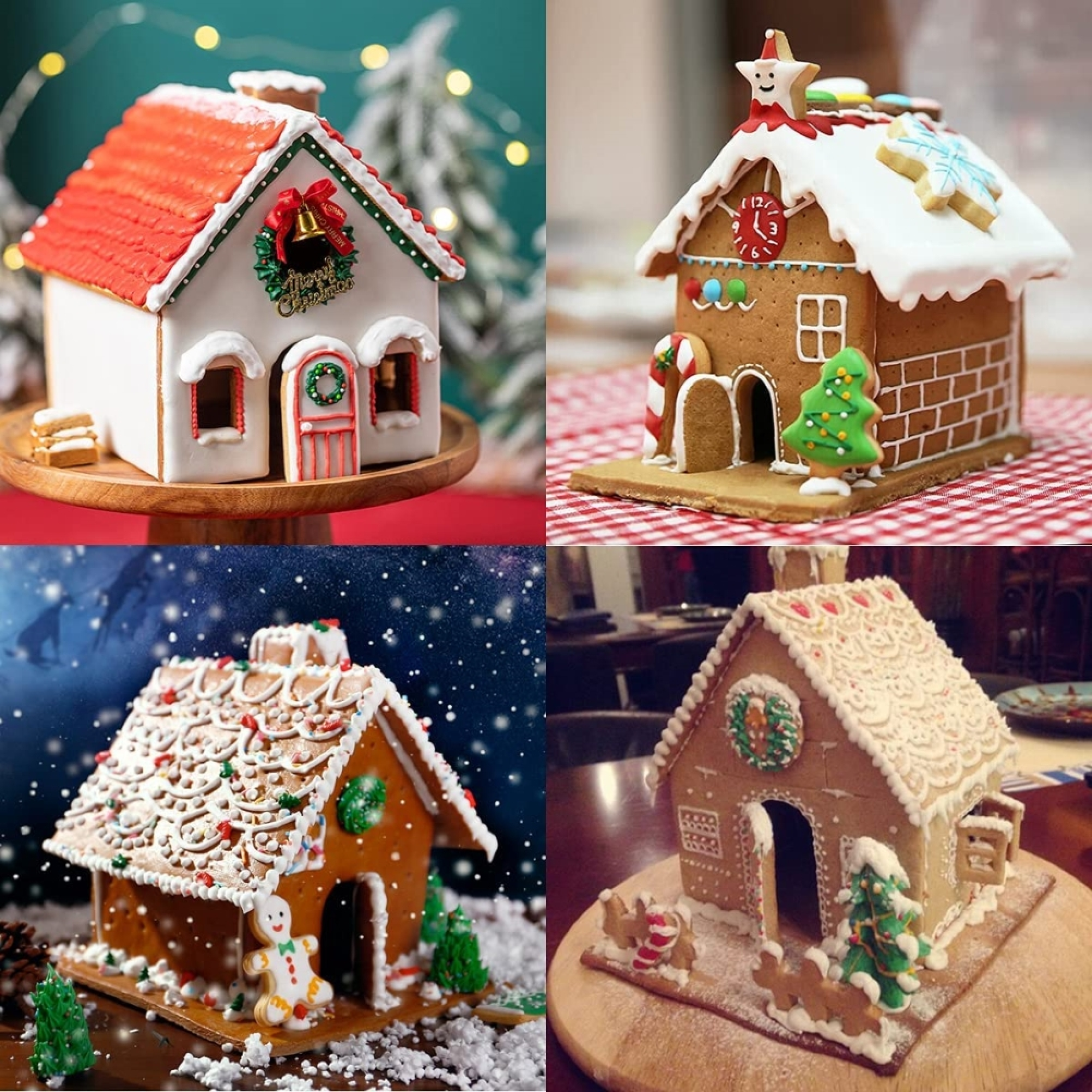 Vier dekorierte Lebkuchenhäuser mit Zuckerguss, Süßigkeiten und festlichen Details in verschiedenen Settings.
