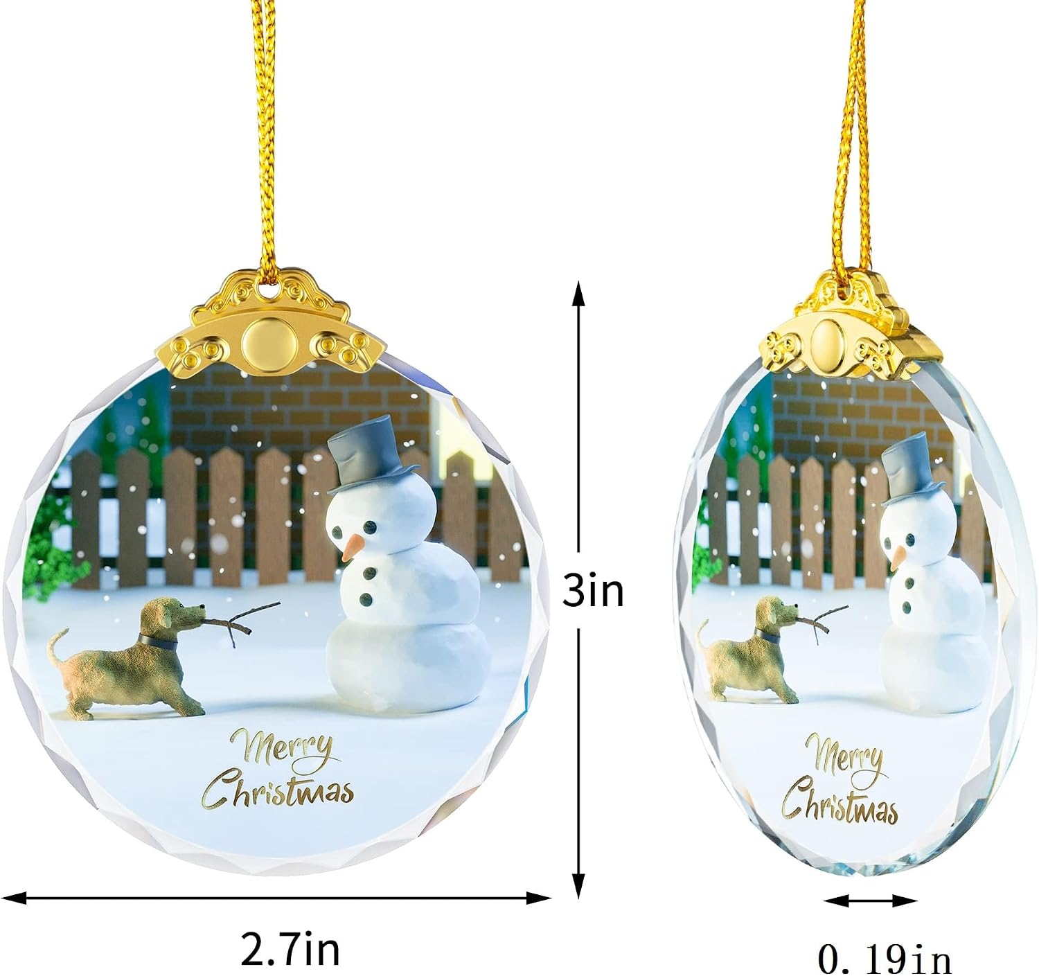 Zwei Weihnachts-Kristallornamente mit Maßen, mit einem Hund und Schneemann und Frohe Weihnachten Schriftzug.