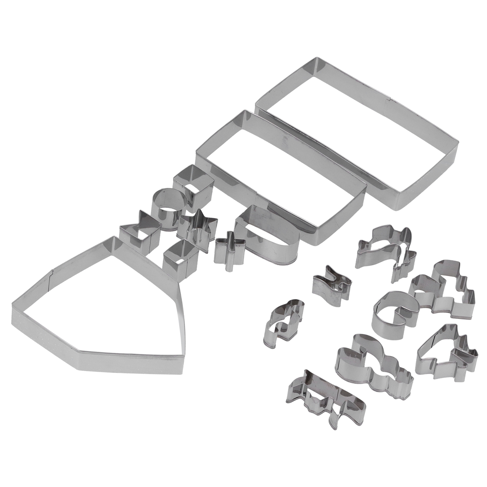Eine Sammlung von Metall-Ausstechformen in verschiedenen geometrischen und figürlichen Formen auf weißem Hintergrund.