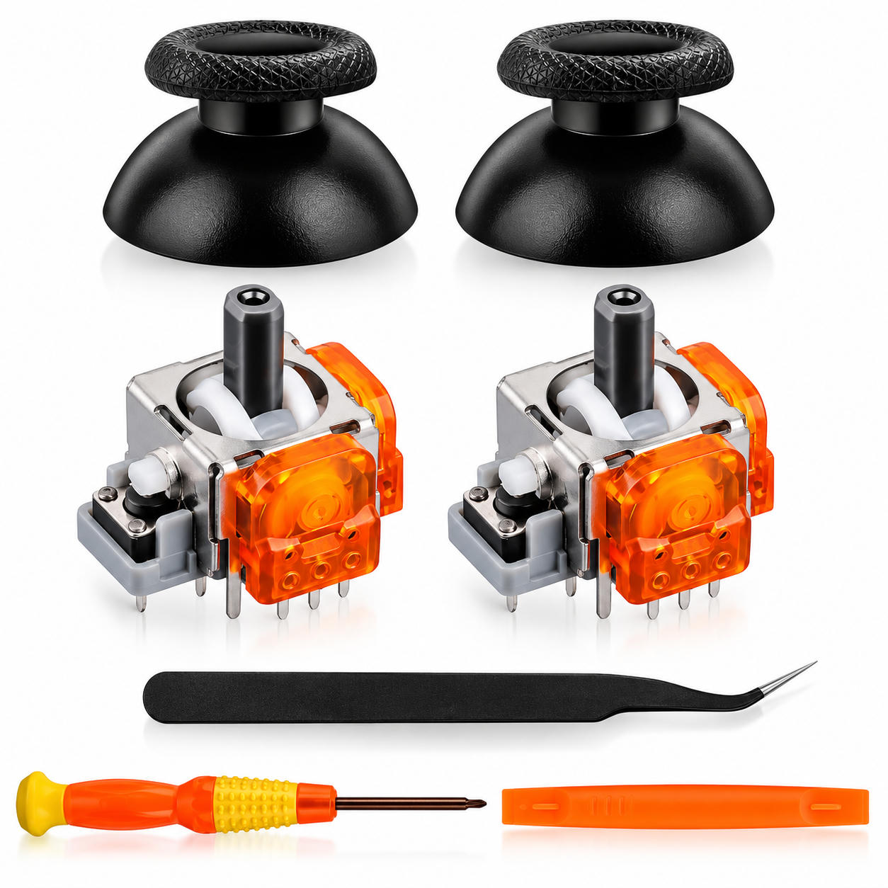 Zwei schwarze Daumensticks, zwei orangefarbene Joystick-Module, eine Pinzette, ein Schraubendreher und ein Hebel.