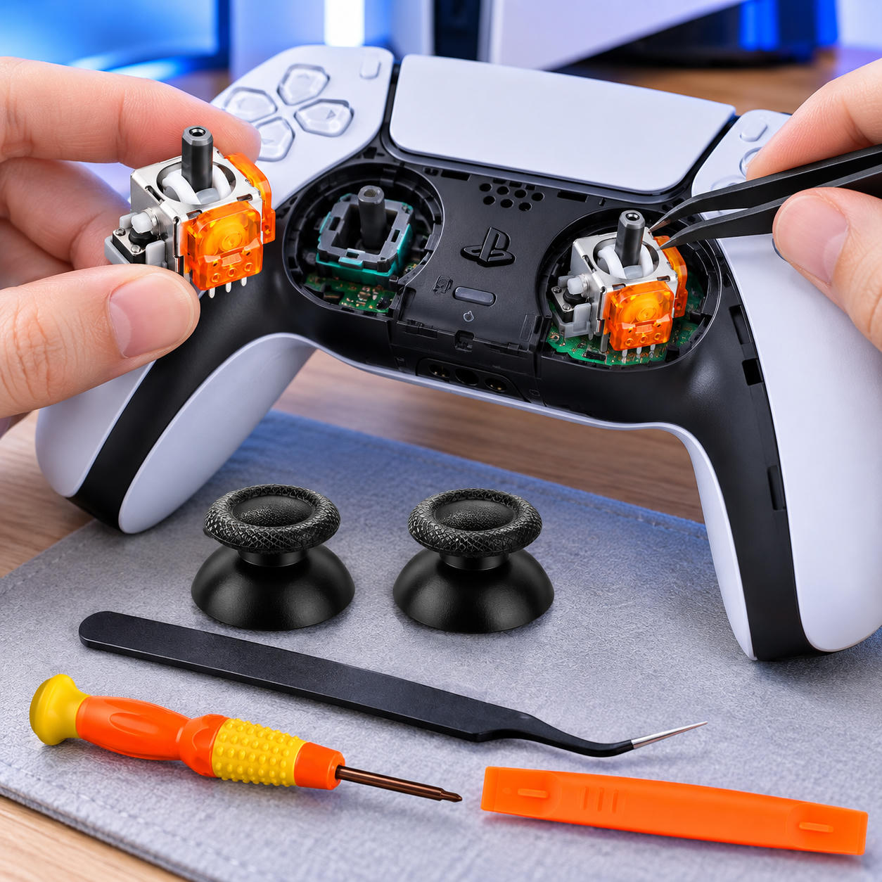Hände reparieren einen weißen Gamecontroller und ersetzen Joystick-Module mit Werkzeugen.