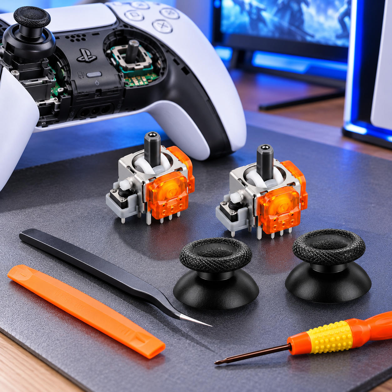 PlayStation-Controller, zwei orangene Joystick-Module, schwarze Thumbsticks und Werkzeuge auf einer Unterlage.