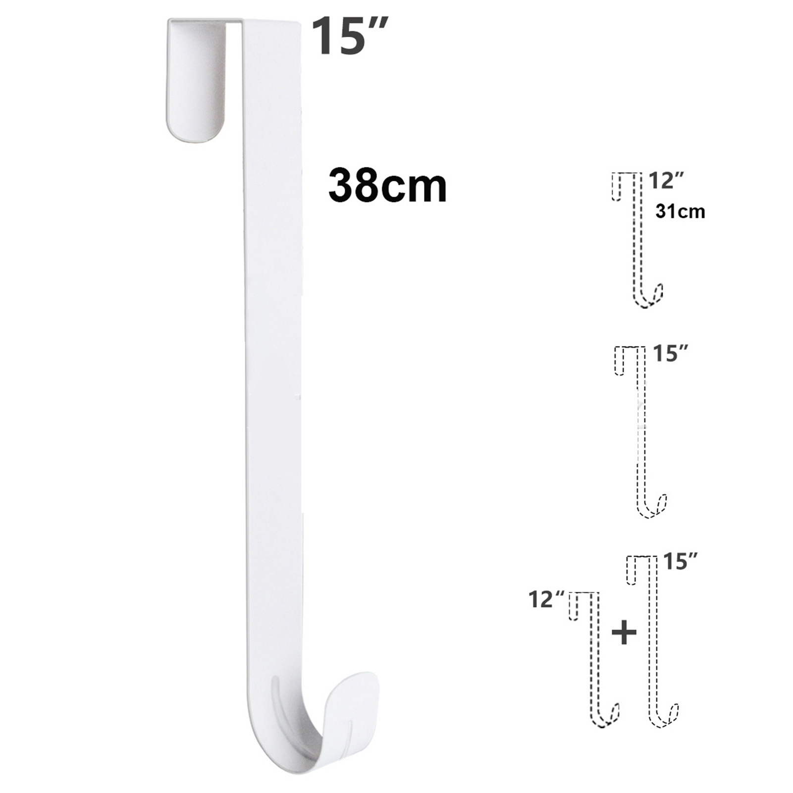 Weißer Über-die-Tür-Haken mit Maßangaben in Zoll und Zentimeter.