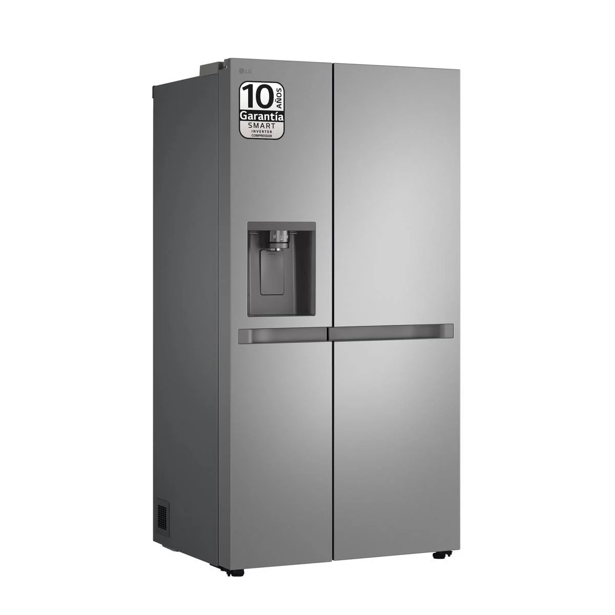 Réfrigérateur américain LG argenté avec distributeur d'eau et autocollant.