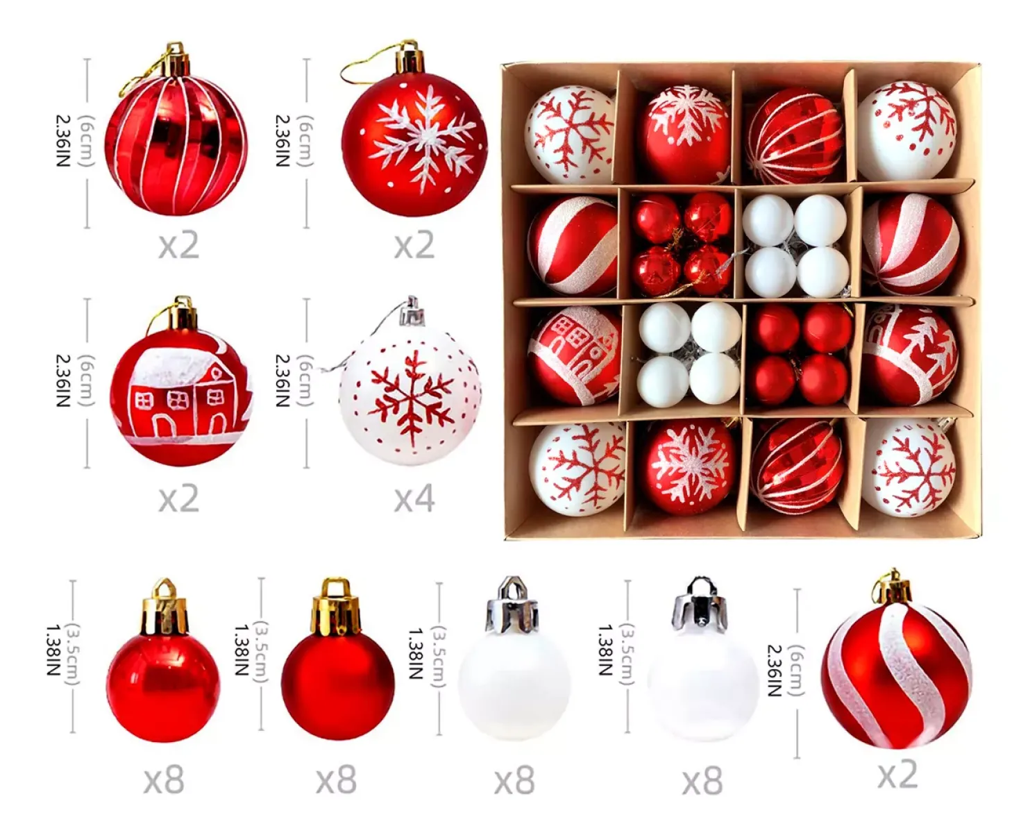 Set mit roten und weißen Weihnachtskugeln in verschiedenen Mustern und Größen in einer Pappschachtel.