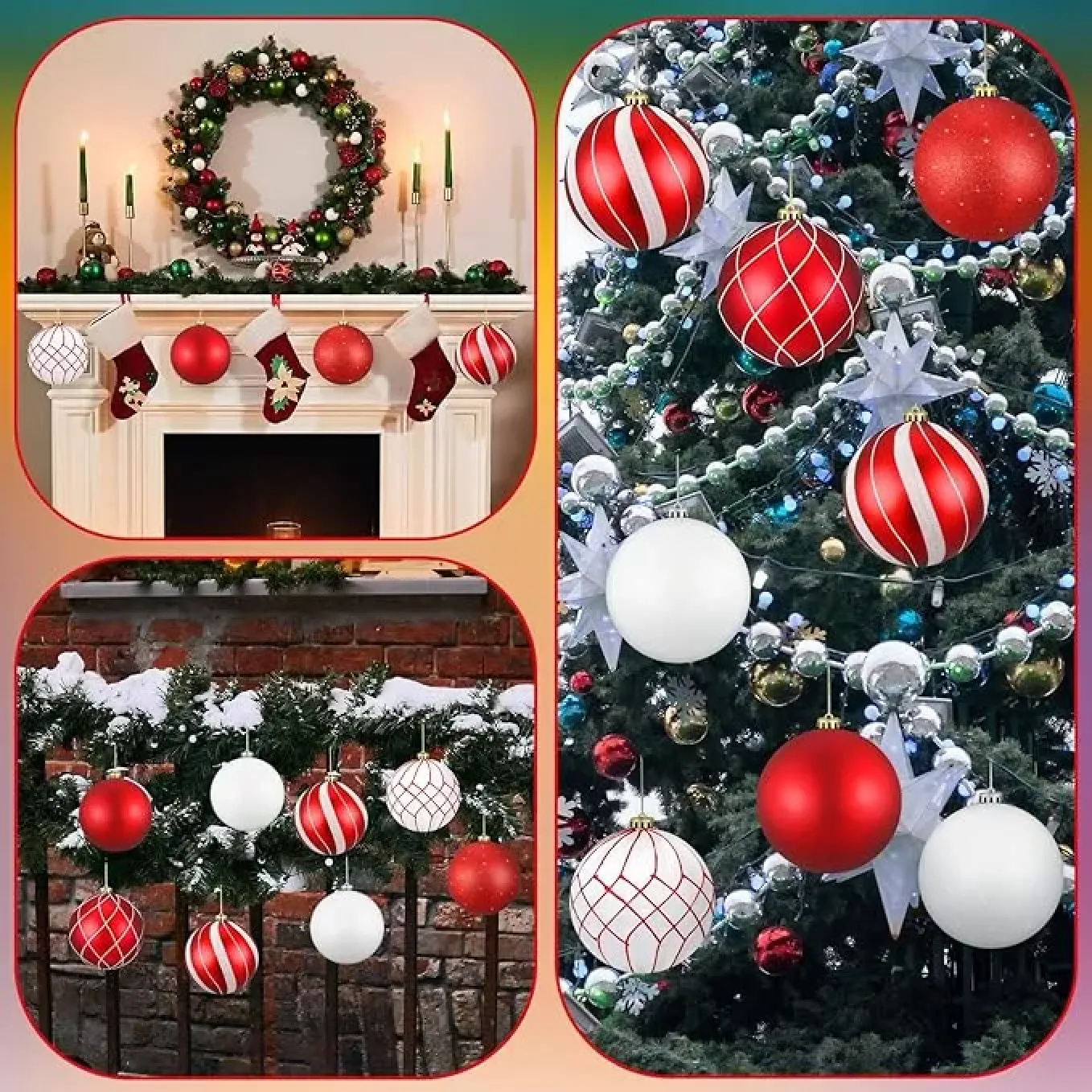 Weihnachtsschmuck mit Kugeln und Strümpfen an Kaminsims und Baum.