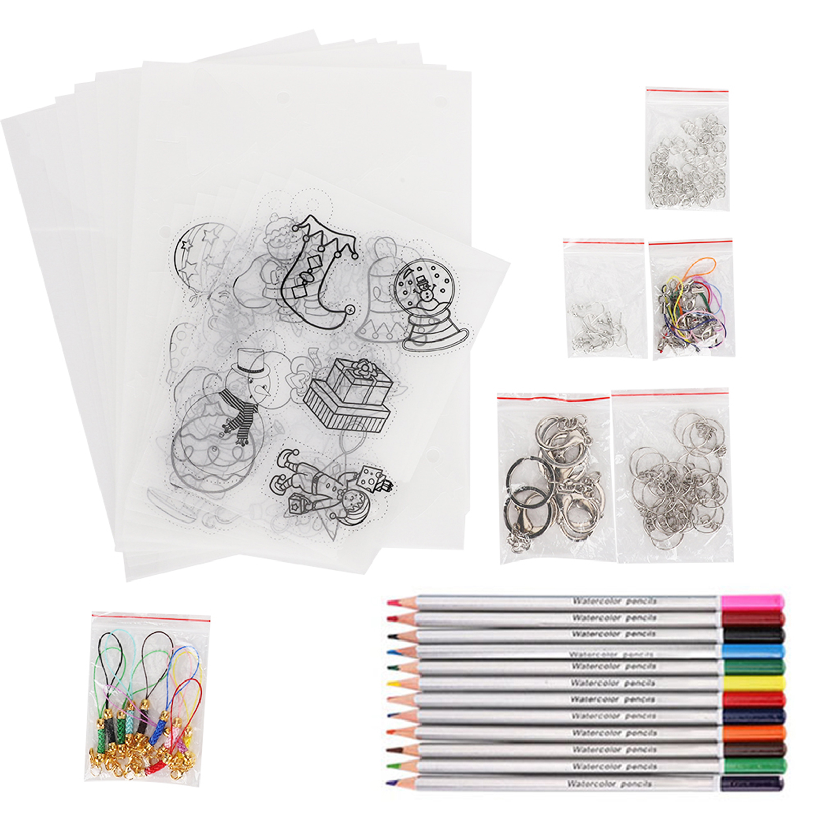 Ein Bastelset mit transparenten Bögen mit Weihnachtsmotiven, Metallringen, bunten Kordeln und Buntstiften.