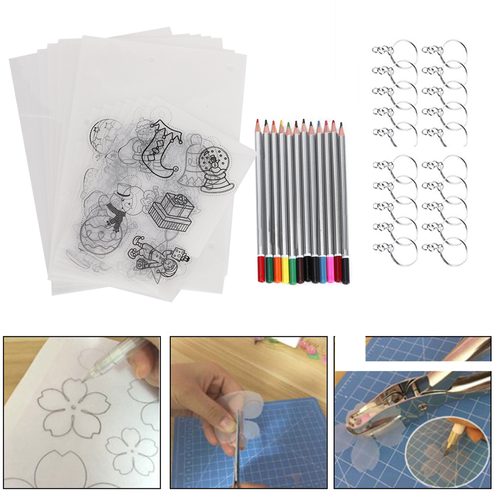 Ein Bastelset mit Folien, Buntstiften, Metallringen und Bildern zum Zeichnen, Schneiden und Stanzen.