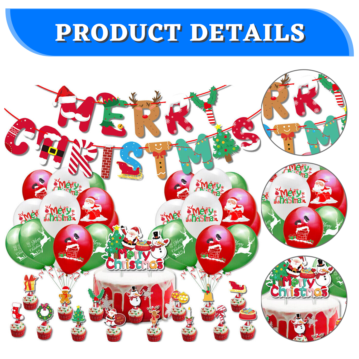 Weihnachtsdekoration mit Merry Christmas-Banner, roten und grünen Luftballons, Kuchendekorationen und Cupcake-Toppern.