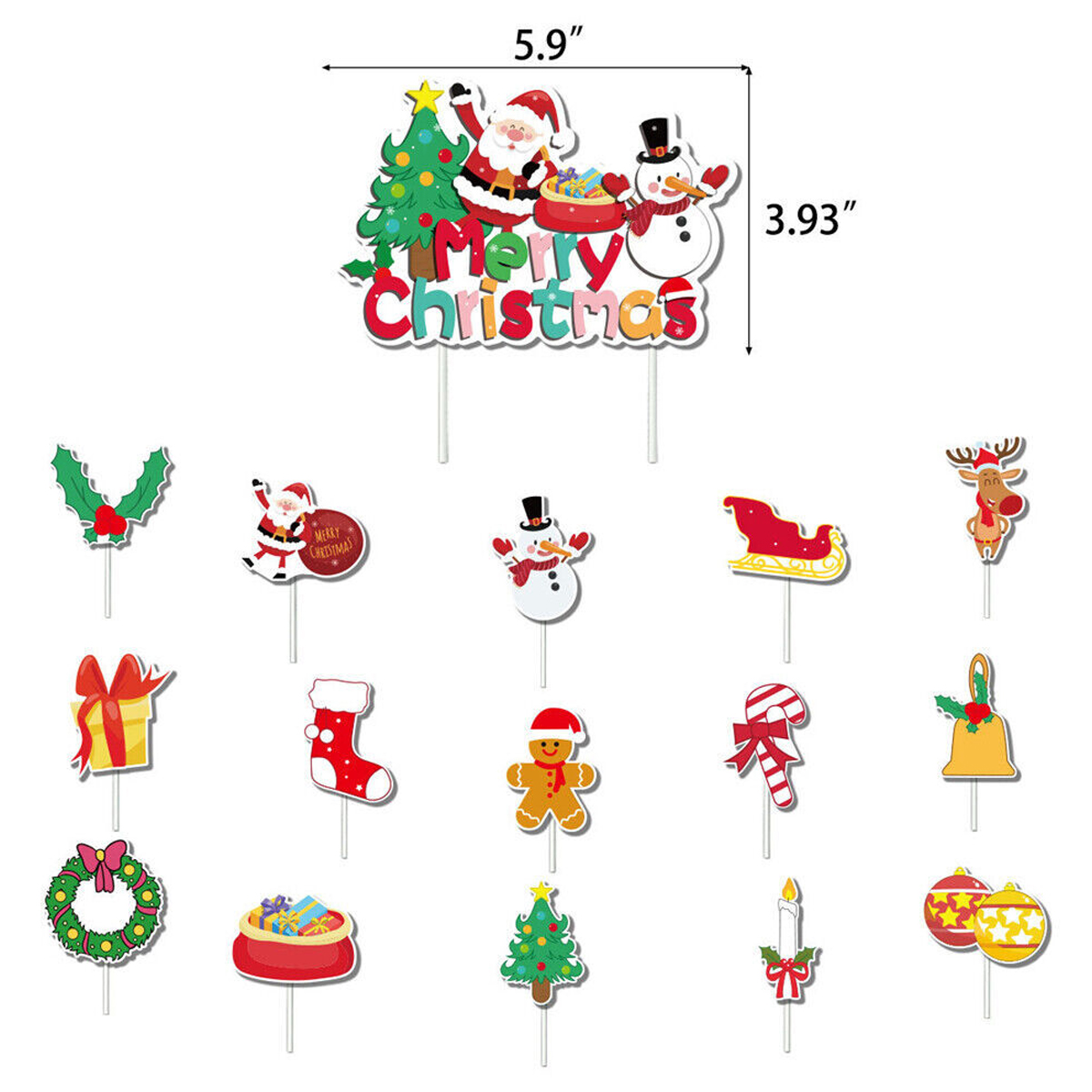 Weihnachtskuchenaufsätze mit Santa, Schneemann, Tannenbaum und Geschenken.