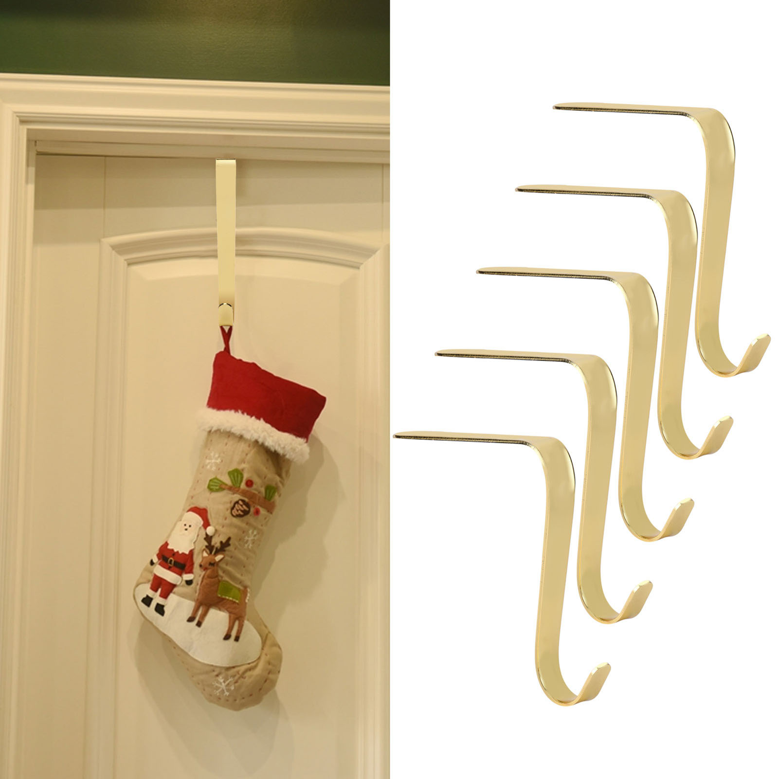Goldene Weihnachtsstrumpfhalter auf weißem Grund; links ein Strumpf an einer Tür.