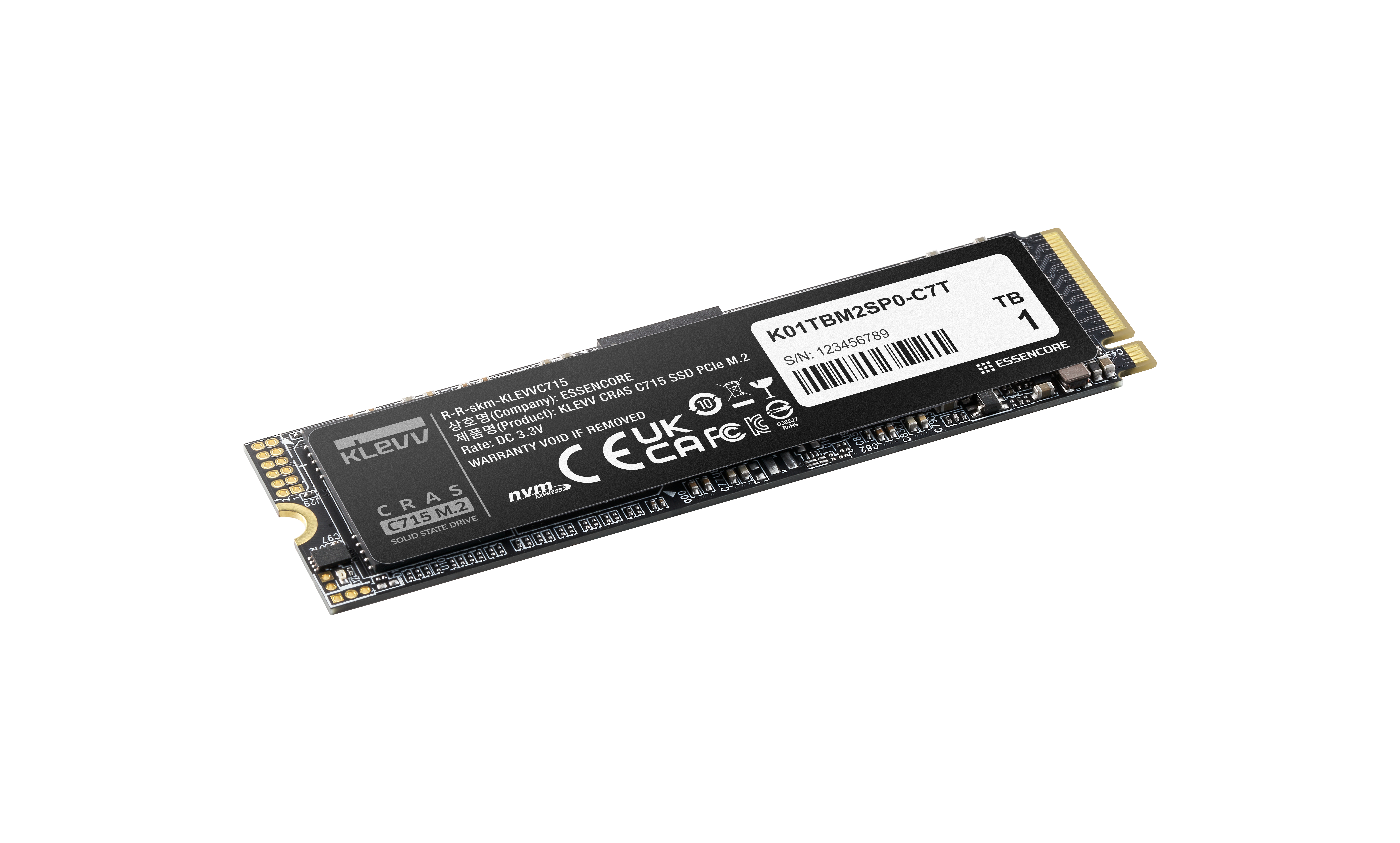 Eine schwarze M.2 NVMe SSD mit Kleev-Logo und Etikett auf weißem Hintergrund.