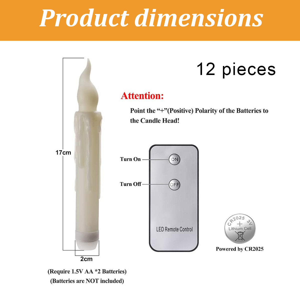 Produktabmessungen einer LED-Kerze mit 17cm Höhe, Fernbedienung und CR2025-Batterie.