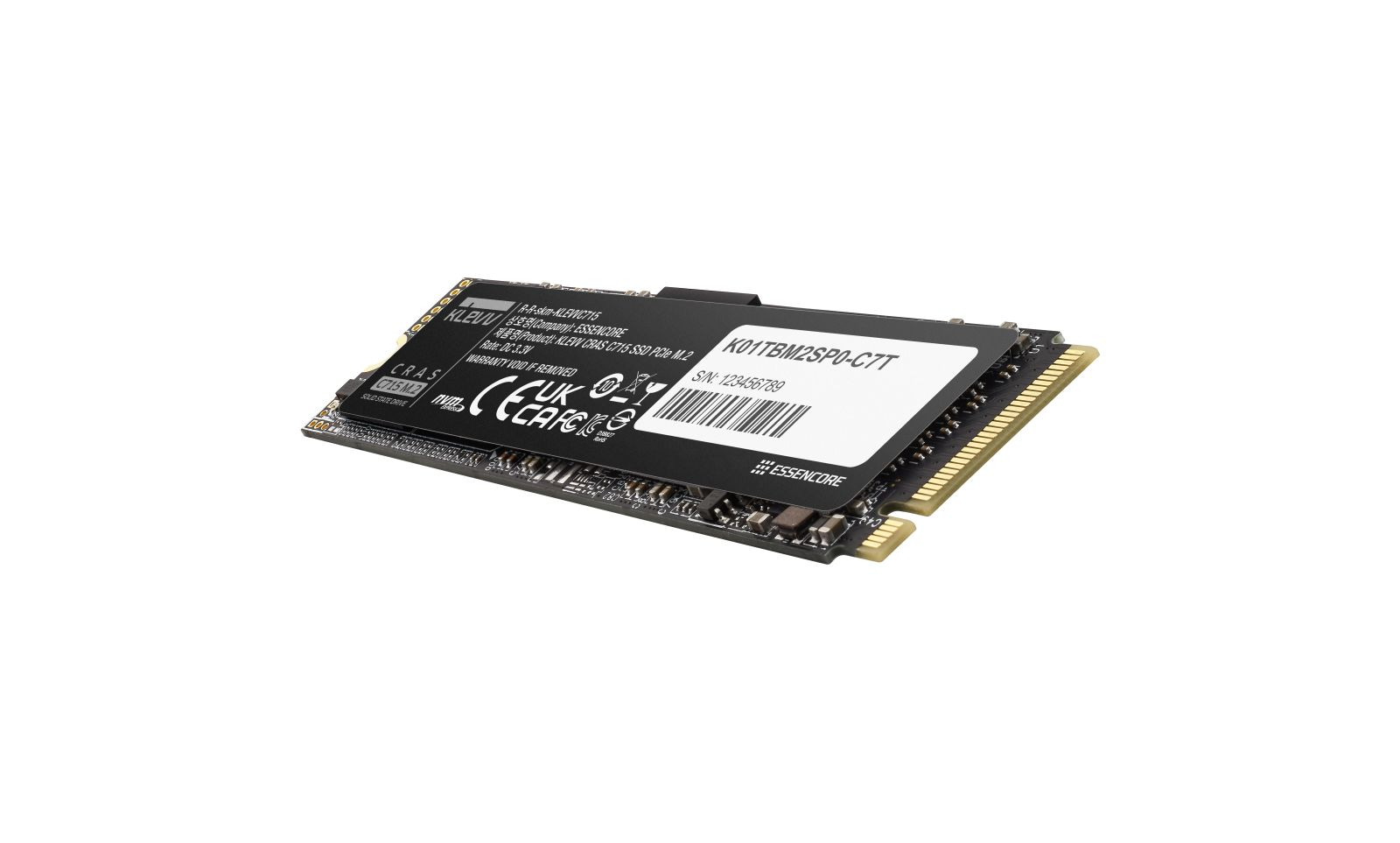 Eine schwarze SSD im M.2-Format mit goldenen Anschlüssen und einem Etikett mit technischen Daten vor weißem Hintergrund.