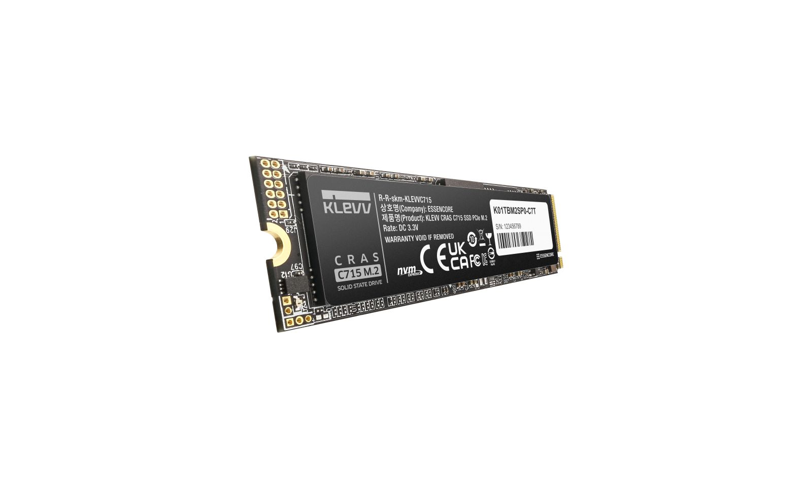 Eine schwarze KLEVV CRAS C715 M.2 NVMe SSD Speicherkarte auf weißem Hintergrund.