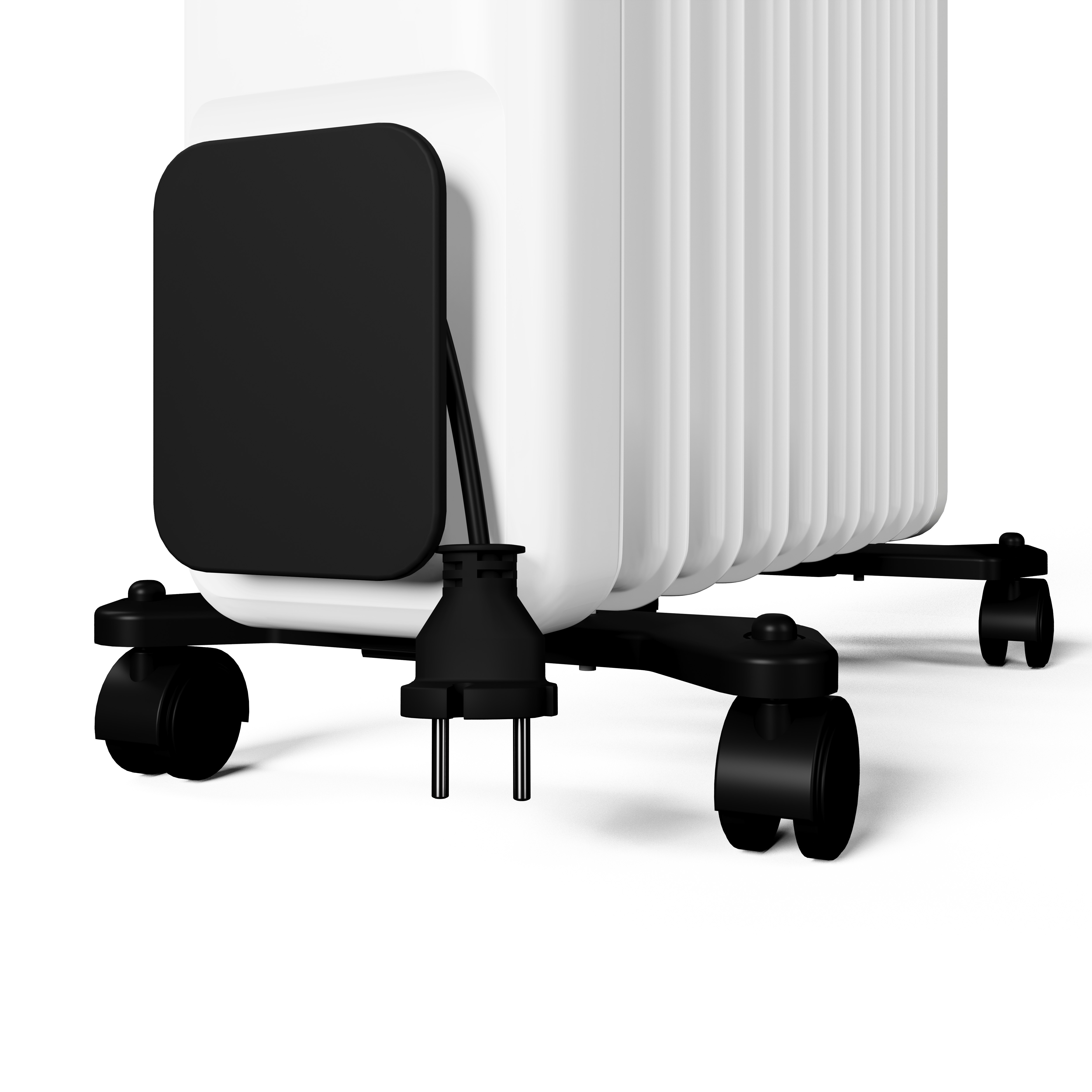 Primer plano de un calefactor eléctrico blanco con ruedas negras y un cable negro enchufado sobre fondo blanco.