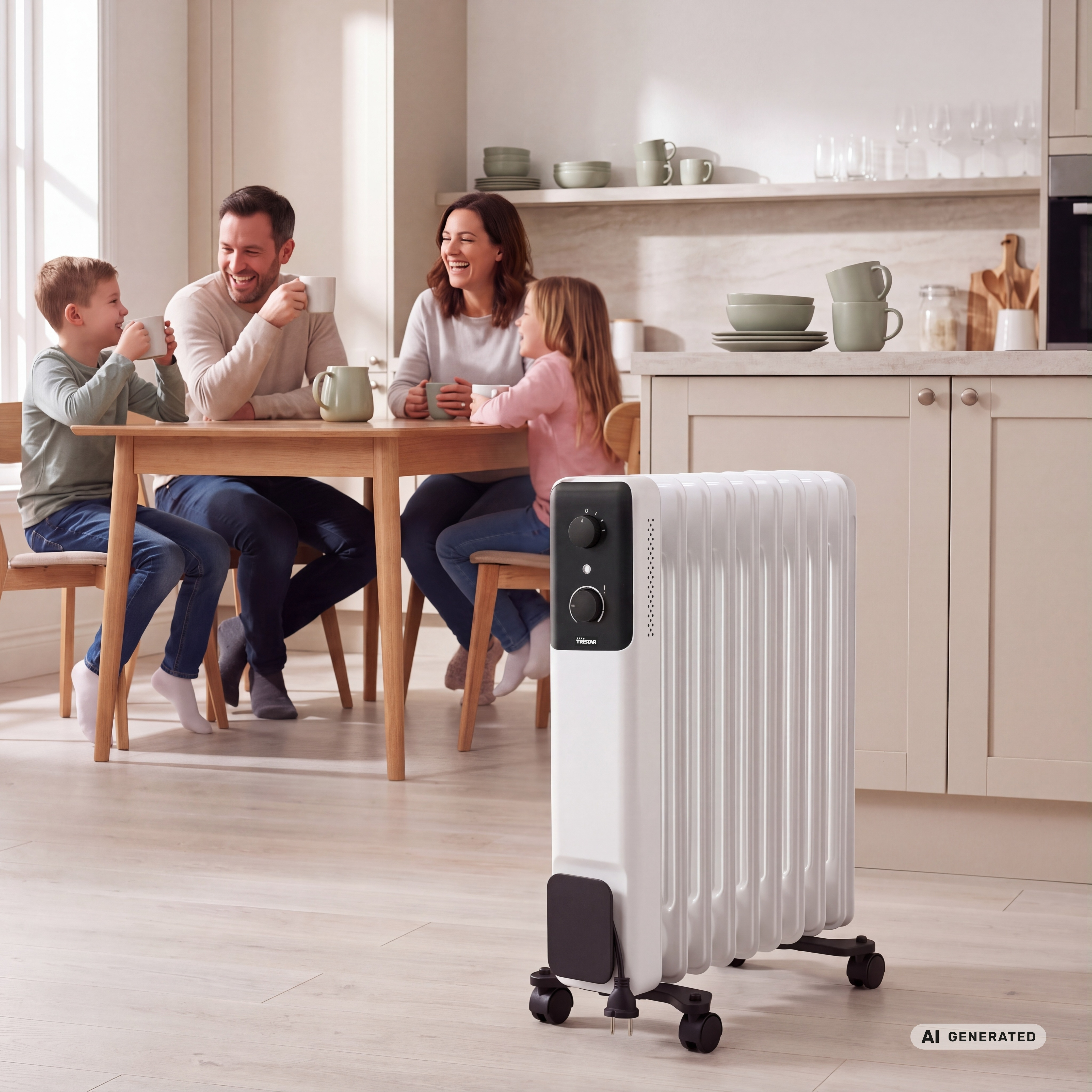 Un radiador de aceite blanco en primer plano de una cocina luminosa mientras una familia se sienta a la mesa.