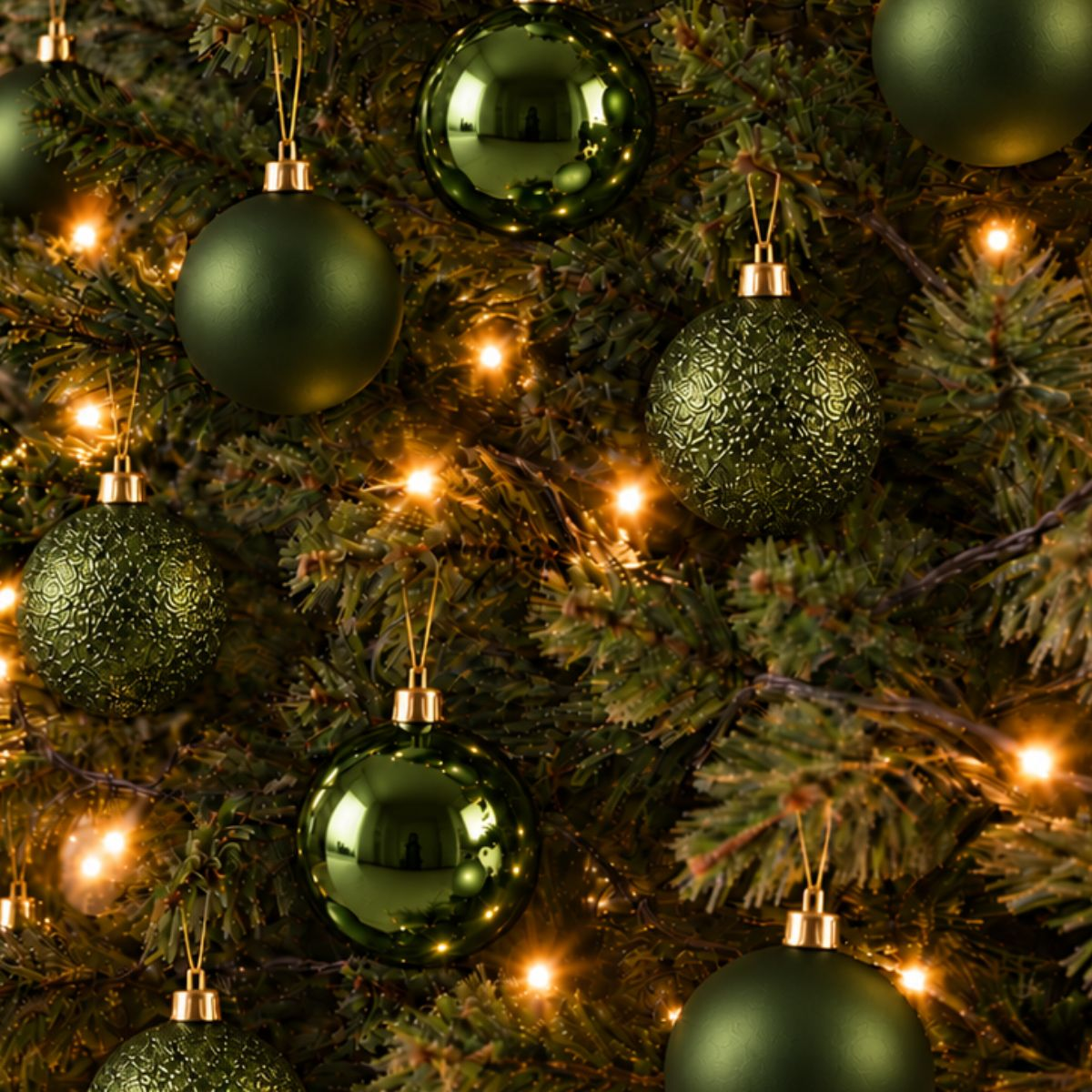 Boules de Noël vertes et guirlandes lumineuses sur un sapin décoré.