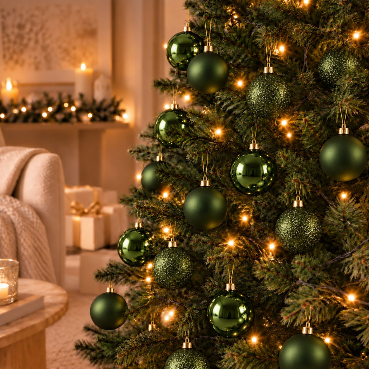 Un sapin de Noël décoré de boules vertes brillantes et mates et de guirlandes lumineuses.