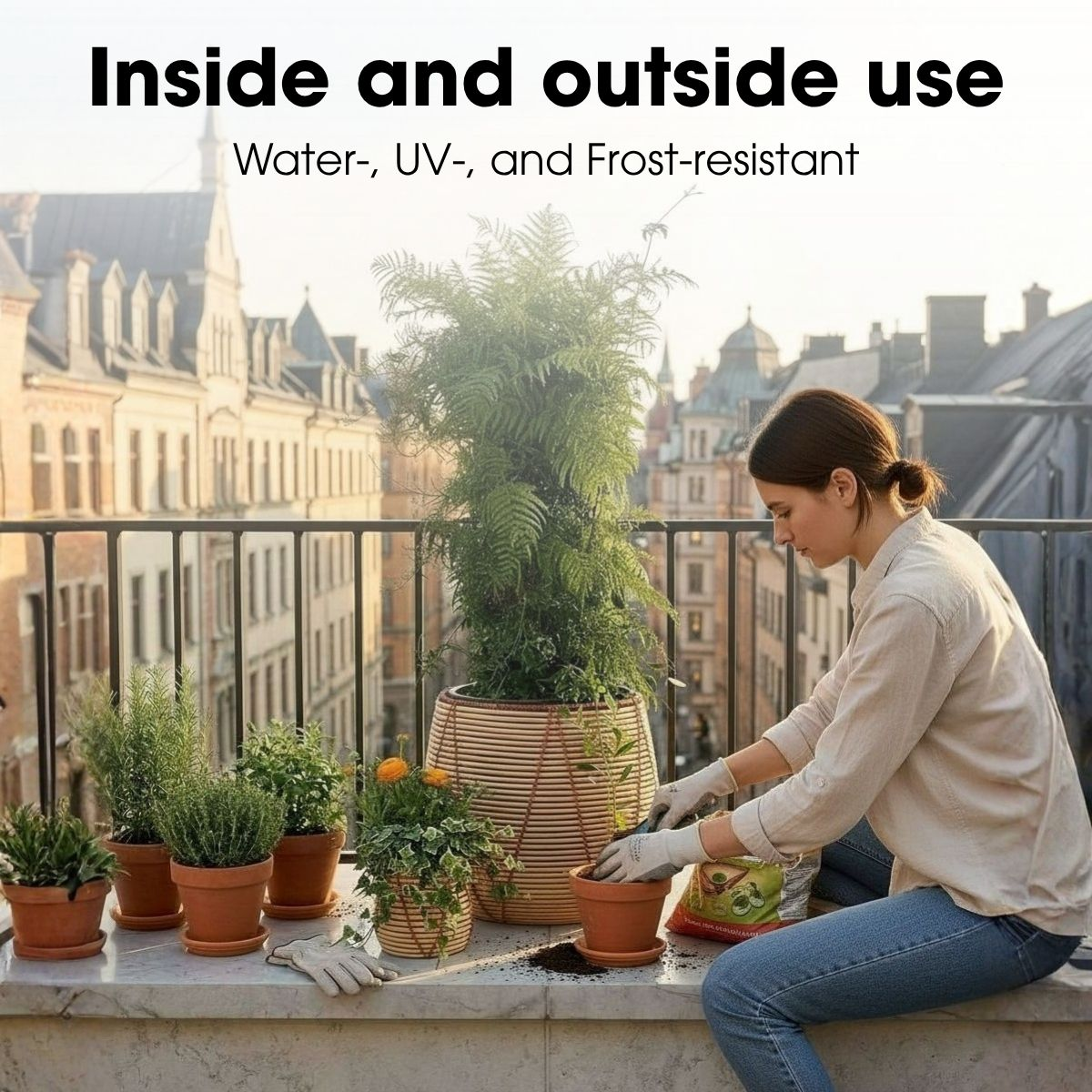 Une femme rempotant des plantes sur un balcon ensoleillé avec vue sur la ville.