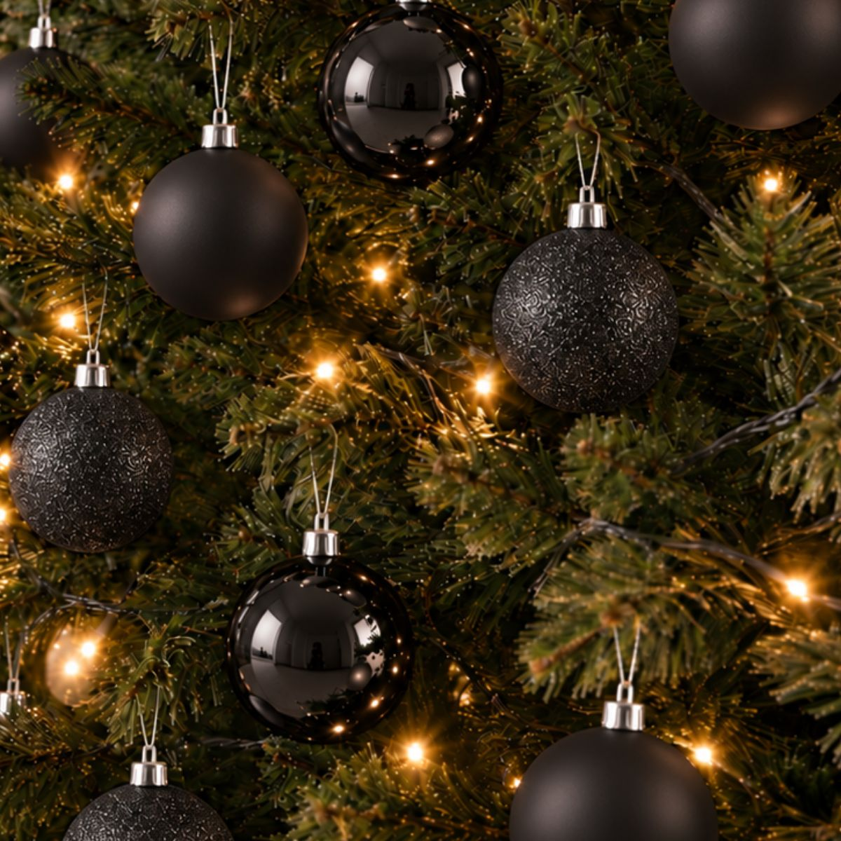Des boules de Noël noires et des lumières scintillantes sont accrochées à un sapin.