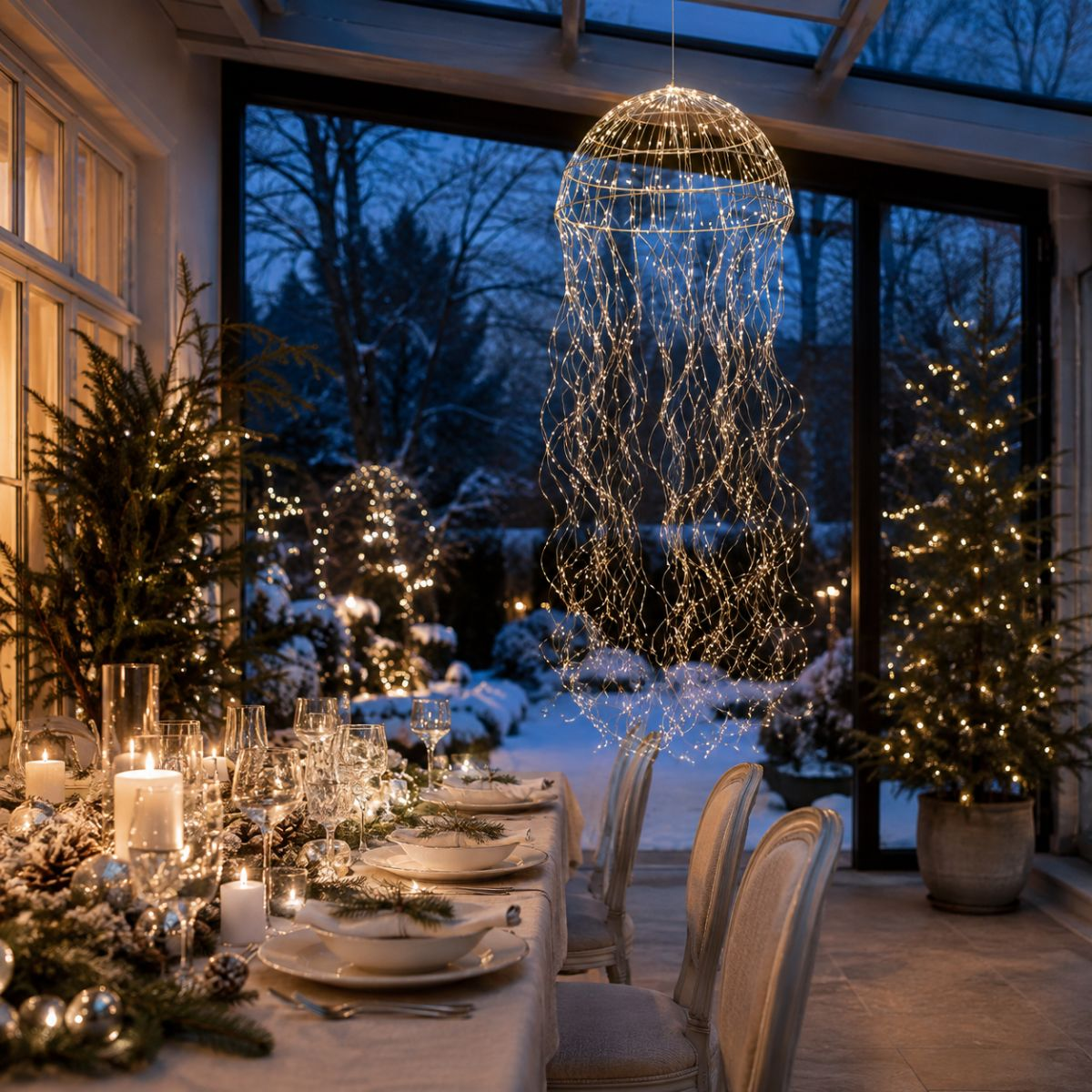 Festlich gedeckter Tisch in einem beleuchteten Wintergarten mit Lichterkette und Blick auf den verschneiten Garten.