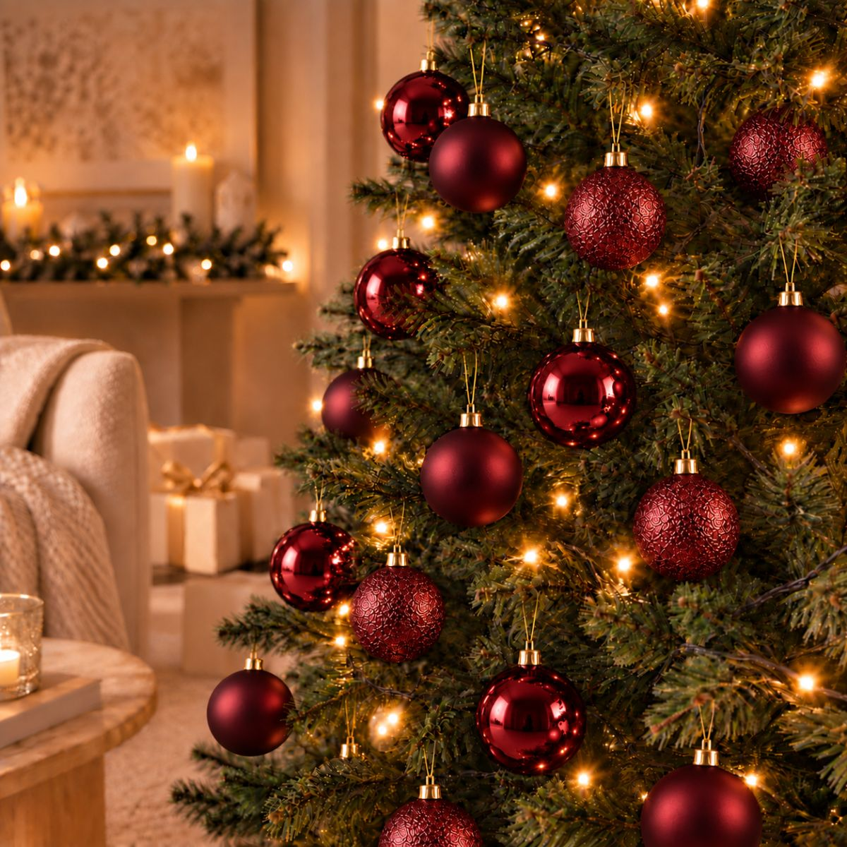 Un sapin de Noël décoré de boules rouges brillantes et de guirlandes lumineuses dans une pièce chaleureuse.