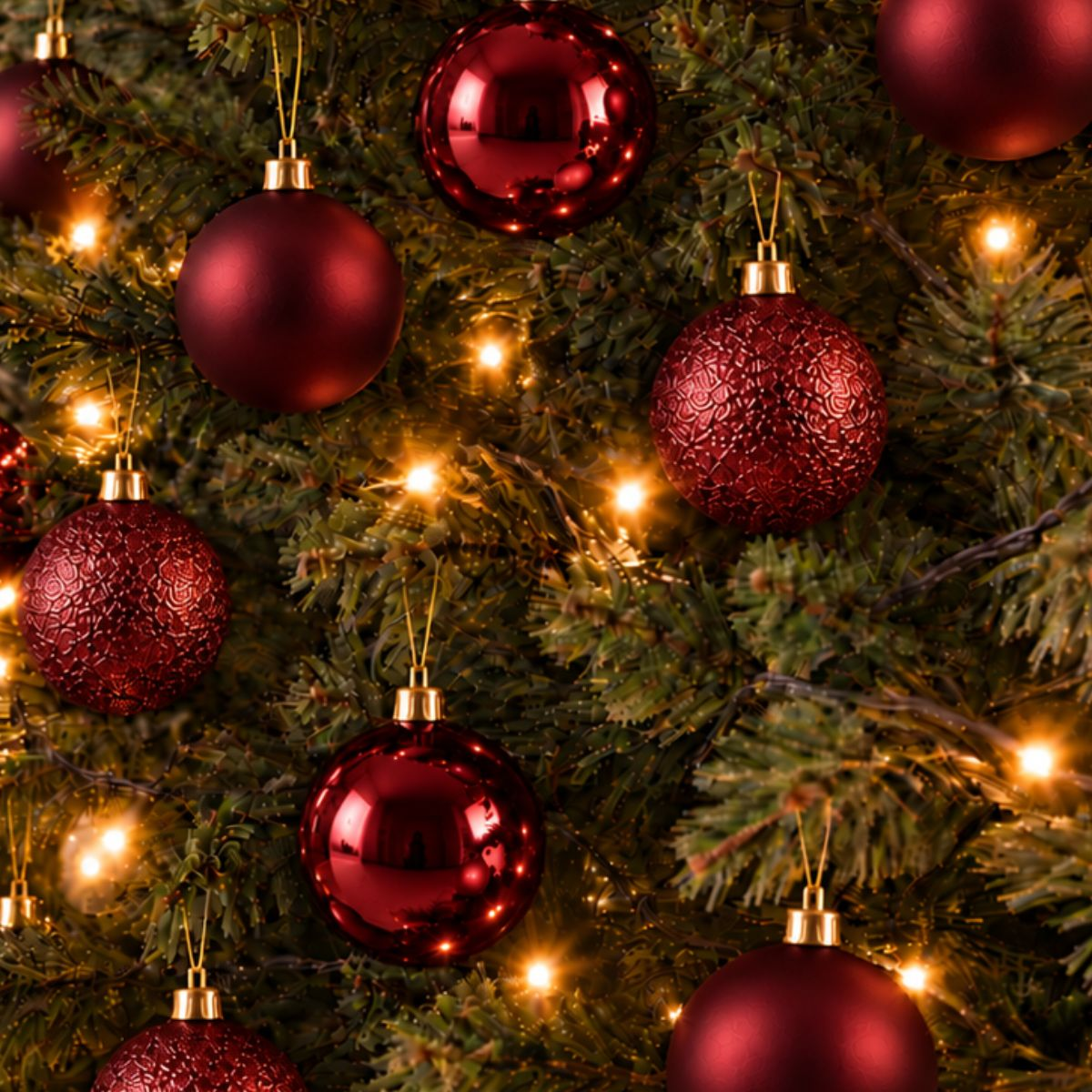 Des boules de Noël rouges brillantes et mates sont suspendues à un sapin illuminé.