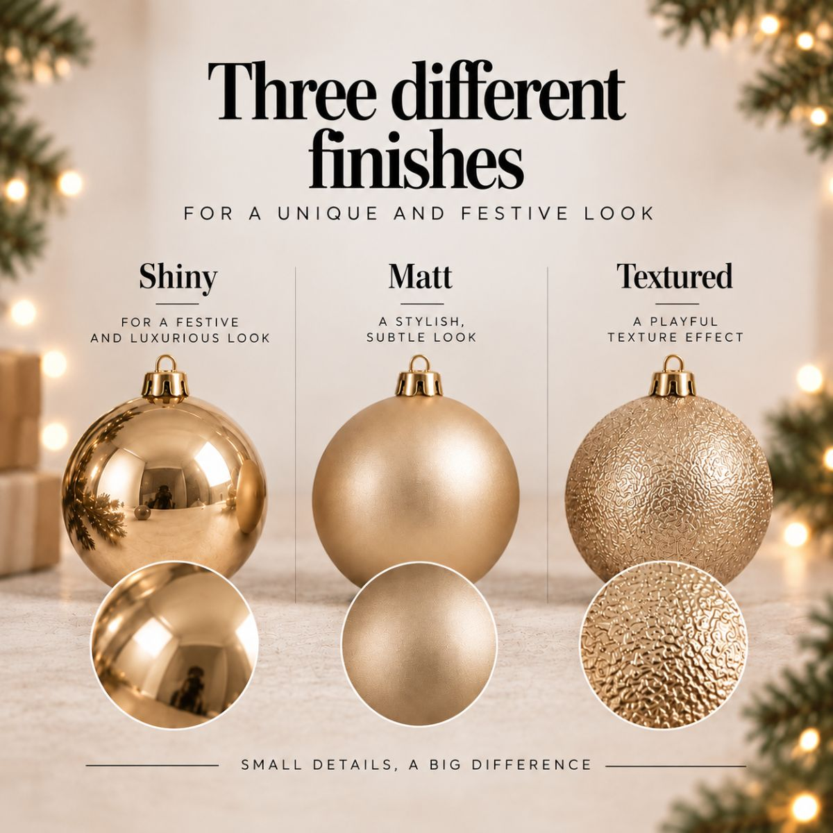 Trois boules de Noël dorées aux finitions brillante, mate et texturée sur fond de fête.