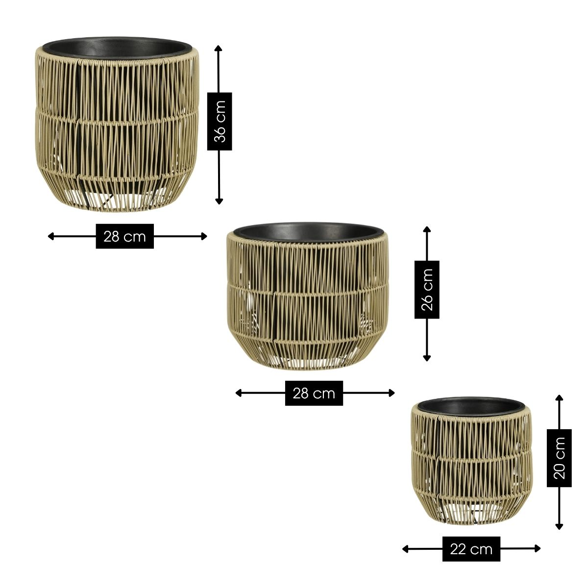 Trois pots de fleurs ronds en osier beige avec doublure noire, avec flèches de dimensions et mesures en cm.