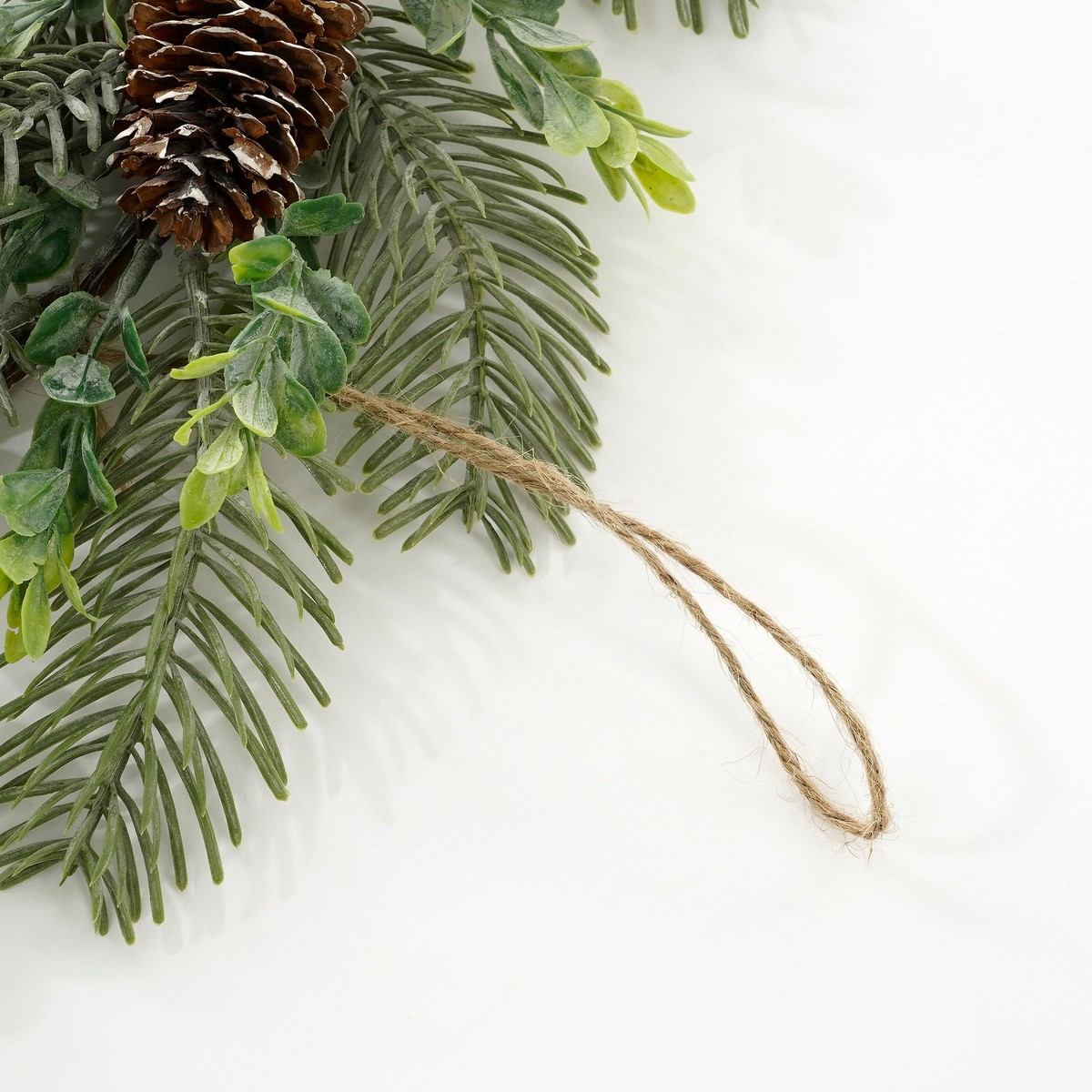 Pine branch with a brown pinecone, green leaves, and a hanging jute string on a white background.